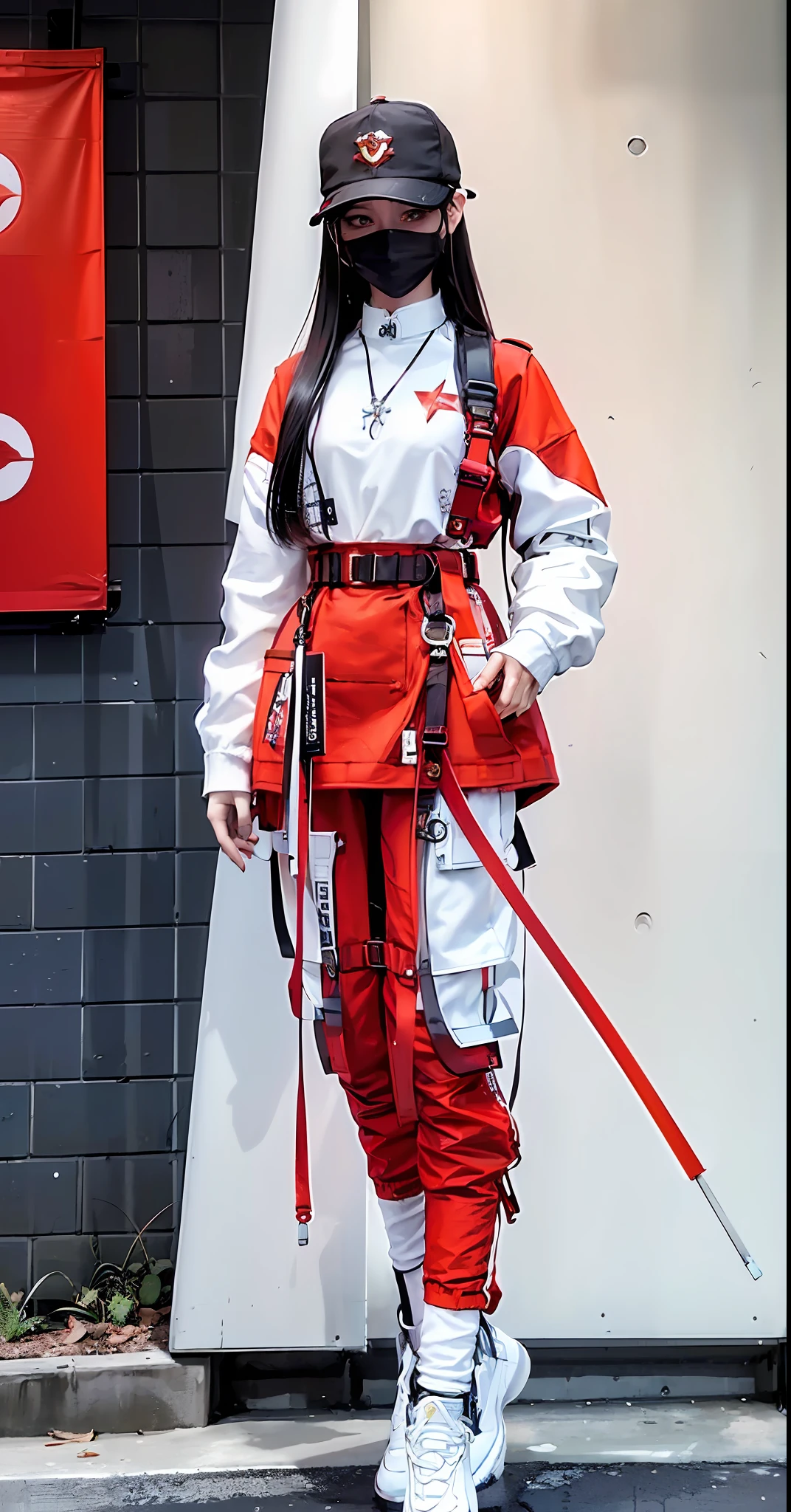 (Original image: 1.2), (Vision), (Reality: 1.3) (Korean mixed race), masterpiece, superb, beautiful and clean face, full body, 1girl, wearing a dark red technical jacket (Nazi: 1.2), orange trousers , Buckle, (Crystal Necklace), Posing, (Red Braid), Long Legs, Happy and Warm Laughing, Carrying a White Backpack, Street