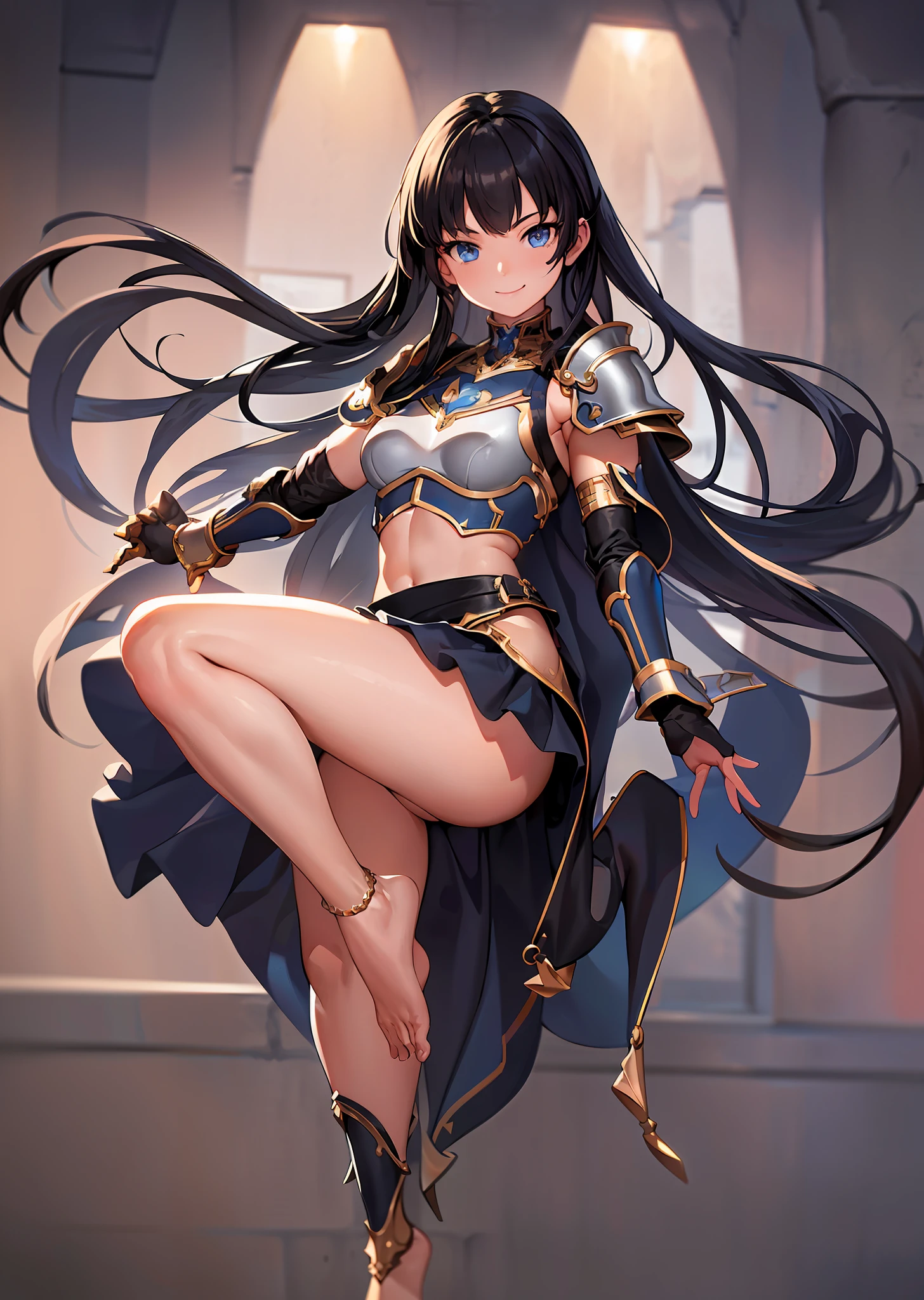 (best quality, masterpiece 1.2), detailed, 1 girl, alone, looking at viewer,
simple background, dynamic pose, smile, WELL detailed eyes,
  full body, BLUE eyes, dark hair, LONG HAIR, WITH BANGS
WARRIOR, mature woman, ONE SHOULDER ARMOR, , miniskirt,
  bokuman IMPROVE HANDS