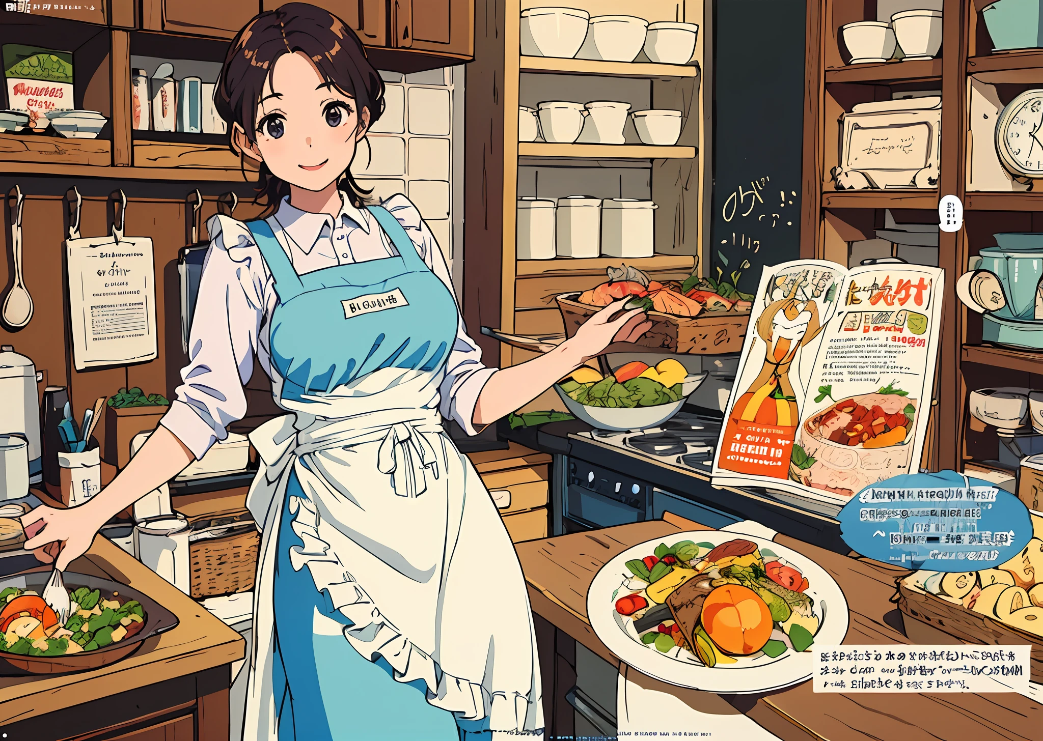 (Best Quality, Masterpiece), Front cover of a women's cooking magazine, 1girl, 30 years old, stunning, cute, heartwarming smile, hourglass figure, wearing floral dress, pinny apron, beautiful food, text, diagrams, advertisements, magazine title