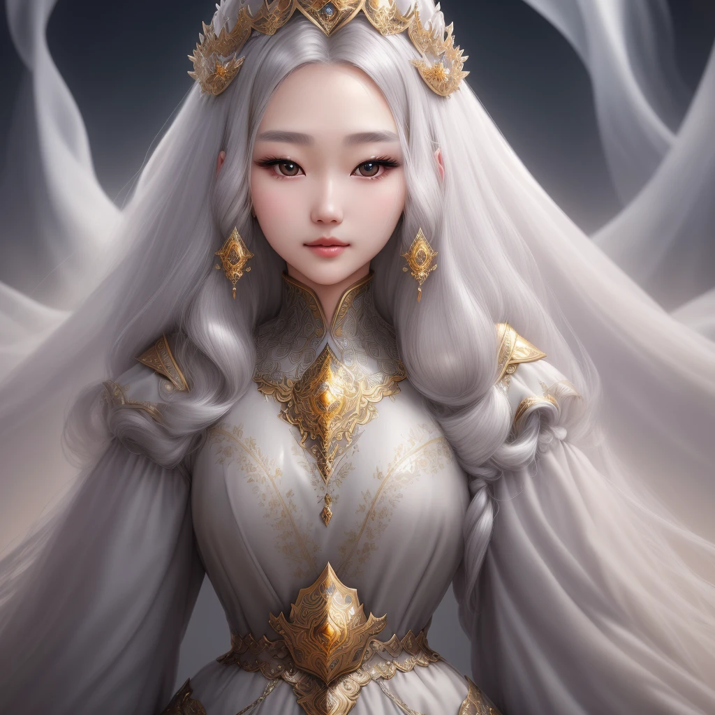 A silver-haired queen, young and beautiful, fluffy hair, 3/4 body display, fair complexion, three-dimensional facial features, ethereal background, abstract beauty, perfection, golden ratio, high resolution, super detailed, artistic trend, clear focus , intricately detailed, highly detailed