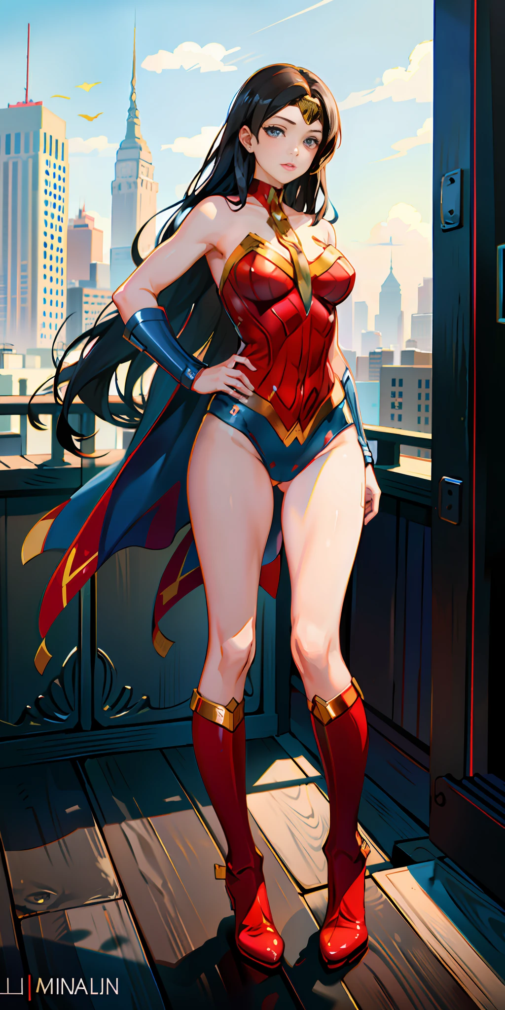 (masterpiece:1.2), (best quality:1.2), perfect eyes, perfect face, perfect lighting, 1girl, MILF, Female, superhero, leotard, bare legs, hands on hip, full body, city backdrop, 1girl, Wonder Woman, boots,