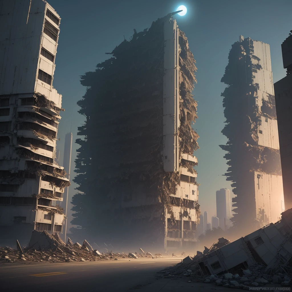 Gundam, futuristic city, ruins, collapsed buildings, night, movie texture