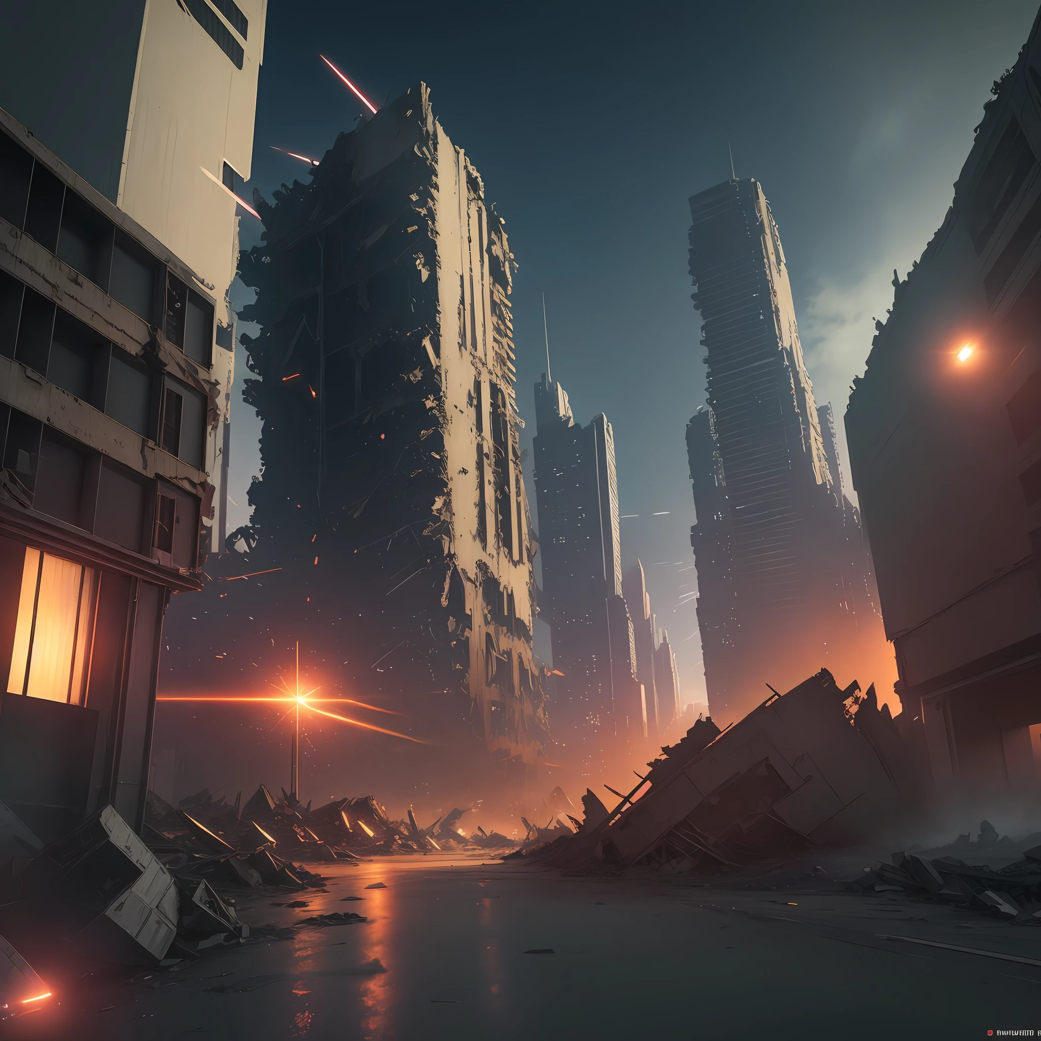 Gundam, futuristic city, ruins, collapsed buildings, night, movie texture