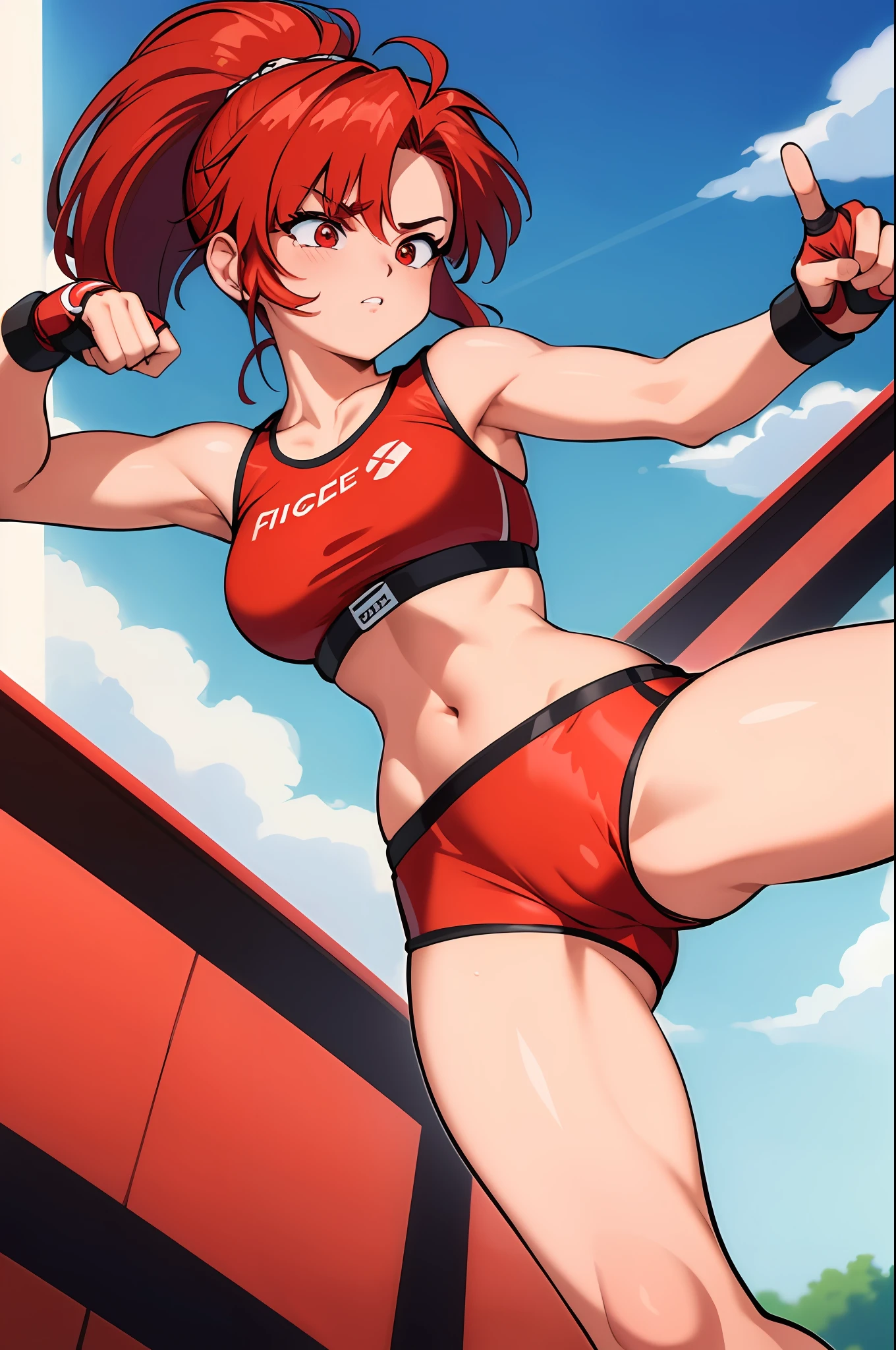 ((masterpiece)), (best quality), (detailed), (1 girl), mma fighter girl, short ponytail red hair, red eyes, fair skin, lean body, young adult, red cropped tube top, (red cycling shorts), red fingerless gloves, on the streets, fighting stance, midriff, navel, barefoot, 8k, detailed, ultra-detailed, absurdress