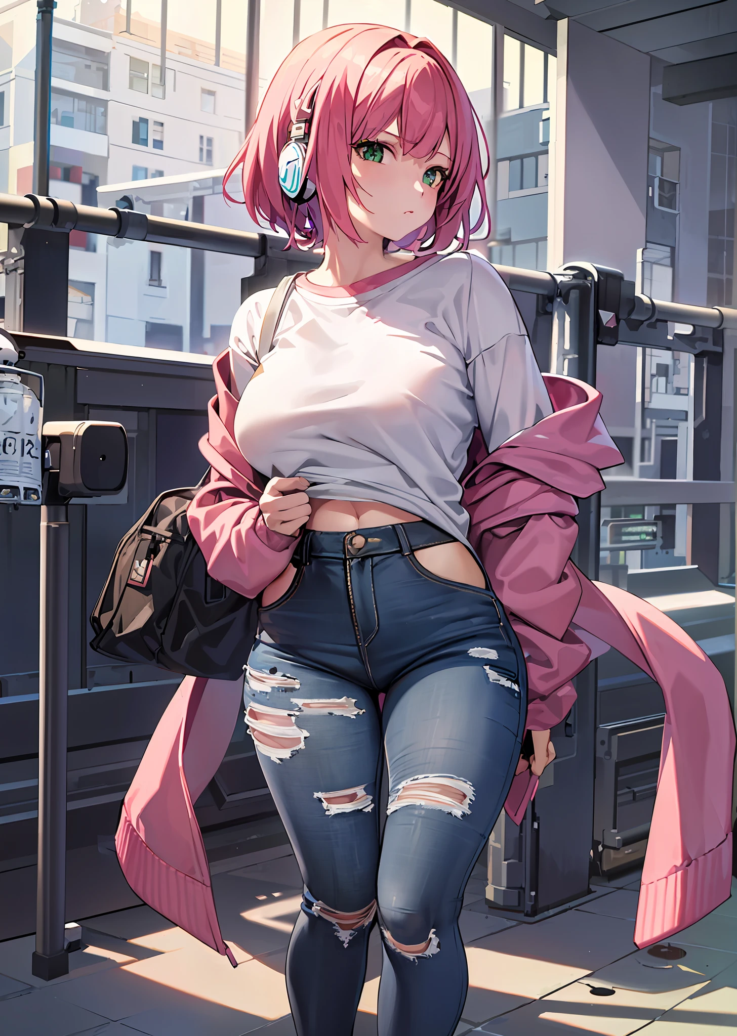 (best quality, masterpiece 1.2), detailed, 1 girl, alone, looking at viewer,
simple background, SENSUAL, SERIOUS pose, WELL detailed eyes,
  full body, GREEN eyes, PINK hair, WITH BLUE STREAMS, SHORT HAIR, WITH BANGS
YOUNG WOMAN, WITH SWEATSHIRT, HEADPHONES HANGING AROUND NECK, SHORT RIPPED JEANS,
  bokuman
IMPROVE HANDS