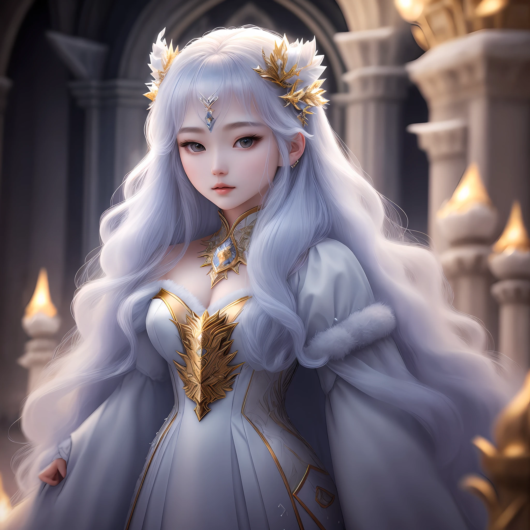 Ice queen, young and beautiful, fluffy hair, 3/4 body display, fair complexion, three-dimensional facial features, moonlight background, in the castle, abstract beauty, perfection, golden ratio, high resolution, super detailed, art trend , sharp focus, intricate detail, highly detailed