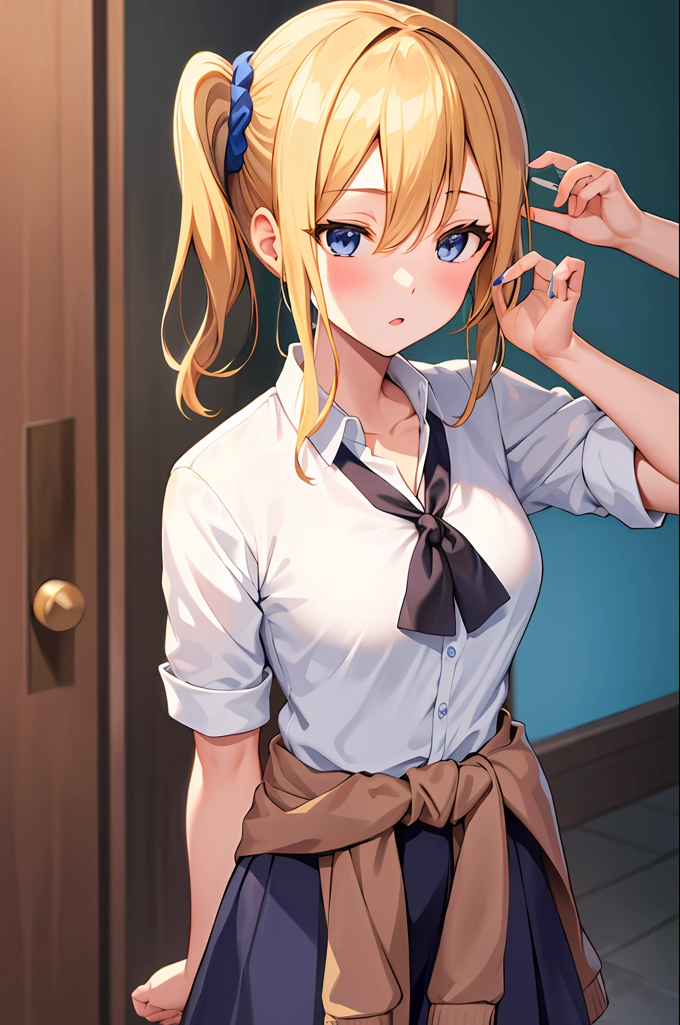 masterpiece, best quality, AiHayasakaV4, 1girl, solo, breasts, looking at viewer, blush, blue eyes, blonde hair, simple background, shirt, hair ornament, white background, hair between eyes, school uniform, white shirt, nail polish, side ponytail, v, scrunchie, hair scrunchie, blue nails, clothes around waist, blue scrunchie, shuuchiin academy school uniform
