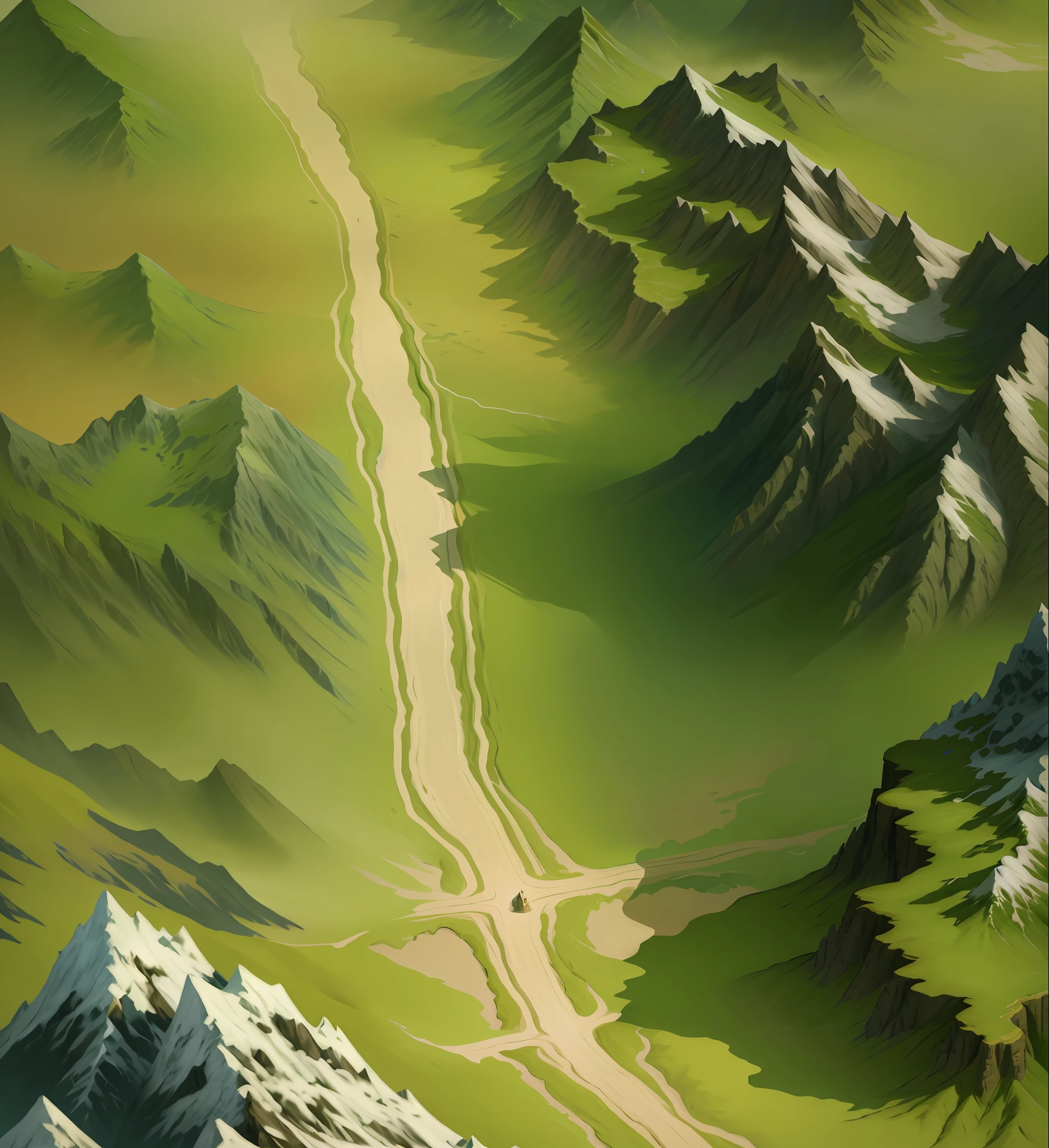 a close up of a painting of a mountain with a road, detailed game art, ultra detailed game art, detailed game art illustration, painted as a game concept art, game map matte painting, detailed digital 2d fantasy art, detailed landscape, intricate details in environment, detailed scenery —width 672, mountainous area, scenery art detailed