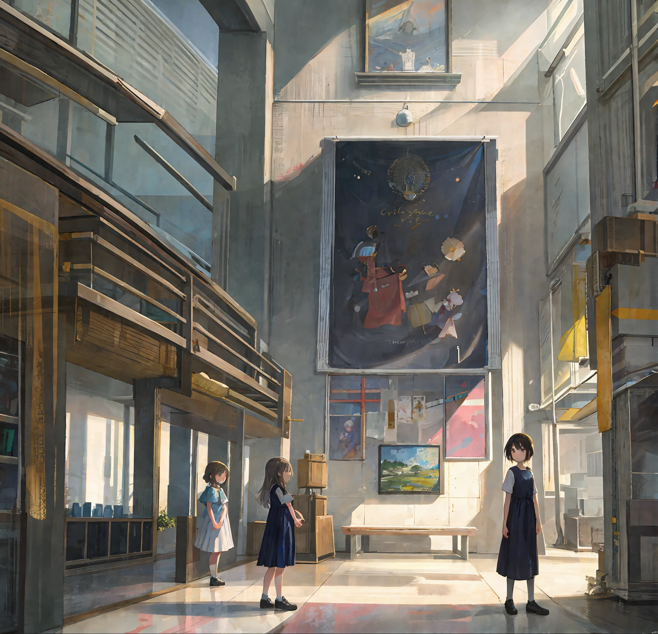 Help me to draw a scene depicting children in a spacious art museum, standing in front of a huge rectangular oil painting.