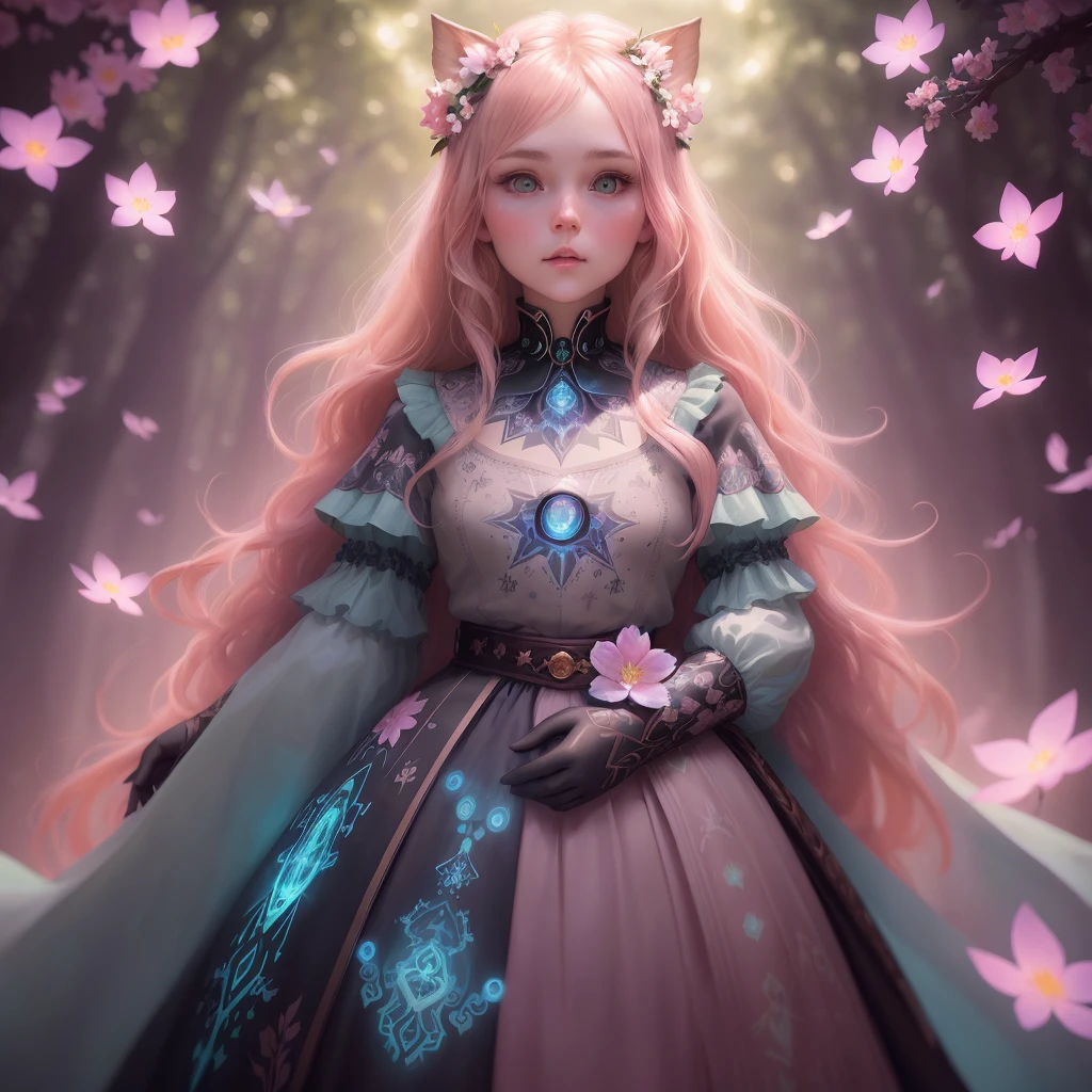 One person, young caucasian woman, three-dimensional facial features, looking up to the sky, forest background, hands behind her back, pink blonde hair, flowers falling, ears off head, left sleeve shortened, full body, cover, collar, super detail painting, glow, bar lighting complex, 4k resolution concept art portraits, by Greg Rutkowski, Artgerm, WLOP, Alphonse Mucha, little fusion pojatti realistic goth, fractal isometric detail bioluminescence: 30 years of stunningly realistic photographs