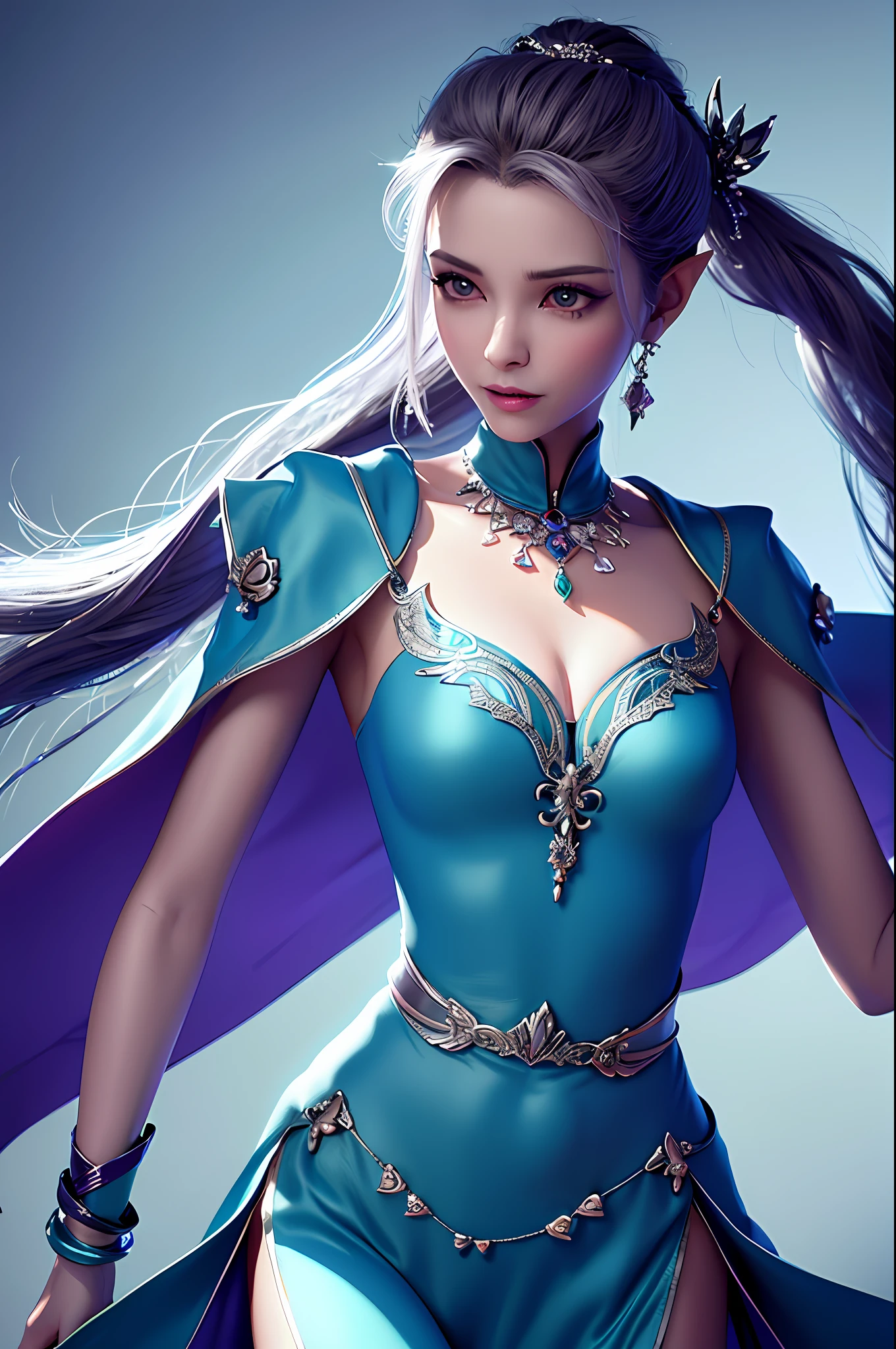 (Highest Quality, Masterpiece: 1.2), Ultra High Resolution, Realistic, Front Lighting, Intricate Detail, Exquisite Detail and Texture, 1girl, Solo, (young), Face Highlight, Upper Body, Detailed Face, Tear Point, Fair Skin, Silver Hair , ponytail, pigtails, viewer, big eyes, silk robe, (hollow pattern, white, silk), earrings, small breasts, slim body, luxurious room, professional lighting, photon mapping, radiosity, physically based rendering, Super fantasy wizard, purple eyes, elf, game item wand, the shape of the phoenix rotating at the tip of the black wand is expressed in 3D, blue and mint color point color, a little bit in purple point color, stones are embedded, colorful necklace The density of the jewel is very high, the top of the chest is exposed, wearing a thick necklace, the necklace covers the bones, a long neck, a small face, a subtle smile, a fantasy online game wizard feeling, a powerful wizard, Wearing a headband, the headband is elegant and gorgeous, the headband is modeled with a large phoenix wing and symbol, the headband is naturally directed with a beautiful face, the metal belt is emphasized at the waist, the design of the belt is layered and crossed. The belt is full of patterns, the thickness is thick, the belt is not dull and beautiful, and the inner line is alive, the pattern on the belt is engraved with a deep intaglio,