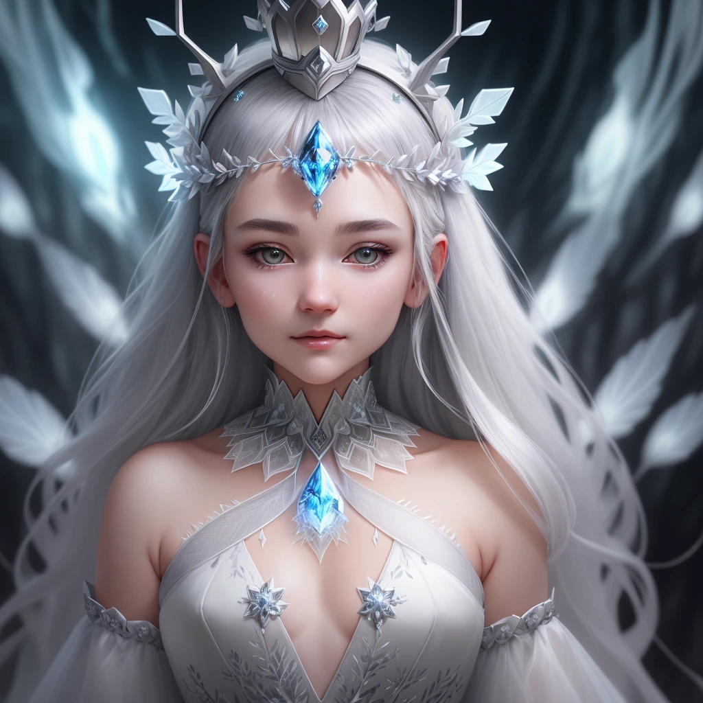 One person, silver haired woman in white dress, beautiful crown on head, delicate face, delicate skin, front view, frozen forest in background, cover, zoom, collar, ultra detailed painting, glow, bar lighting, complex , 4k resolution concept Greg Rutkowski, Artgerm, WLOP, Alphonse Mucha, artistic portraits of little fusion pojatti realistic goth, fractal isometric details bioluminescens: 30 years of stunning photorealism