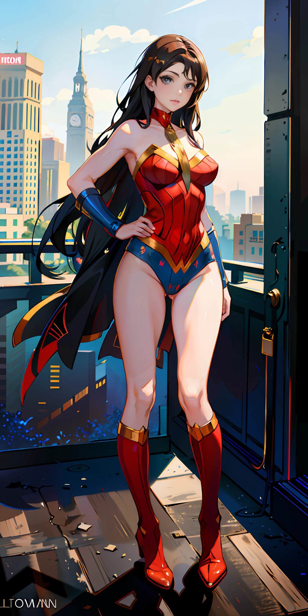 (masterpiece:1.2), (best quality:1.2), perfect eyes, perfect face, perfect lighting, 1girl, MILF, Female, superhero, leotard, bare legs, hands on hip, full body, city backdrop, 1girl, Wonder Woman, boots,