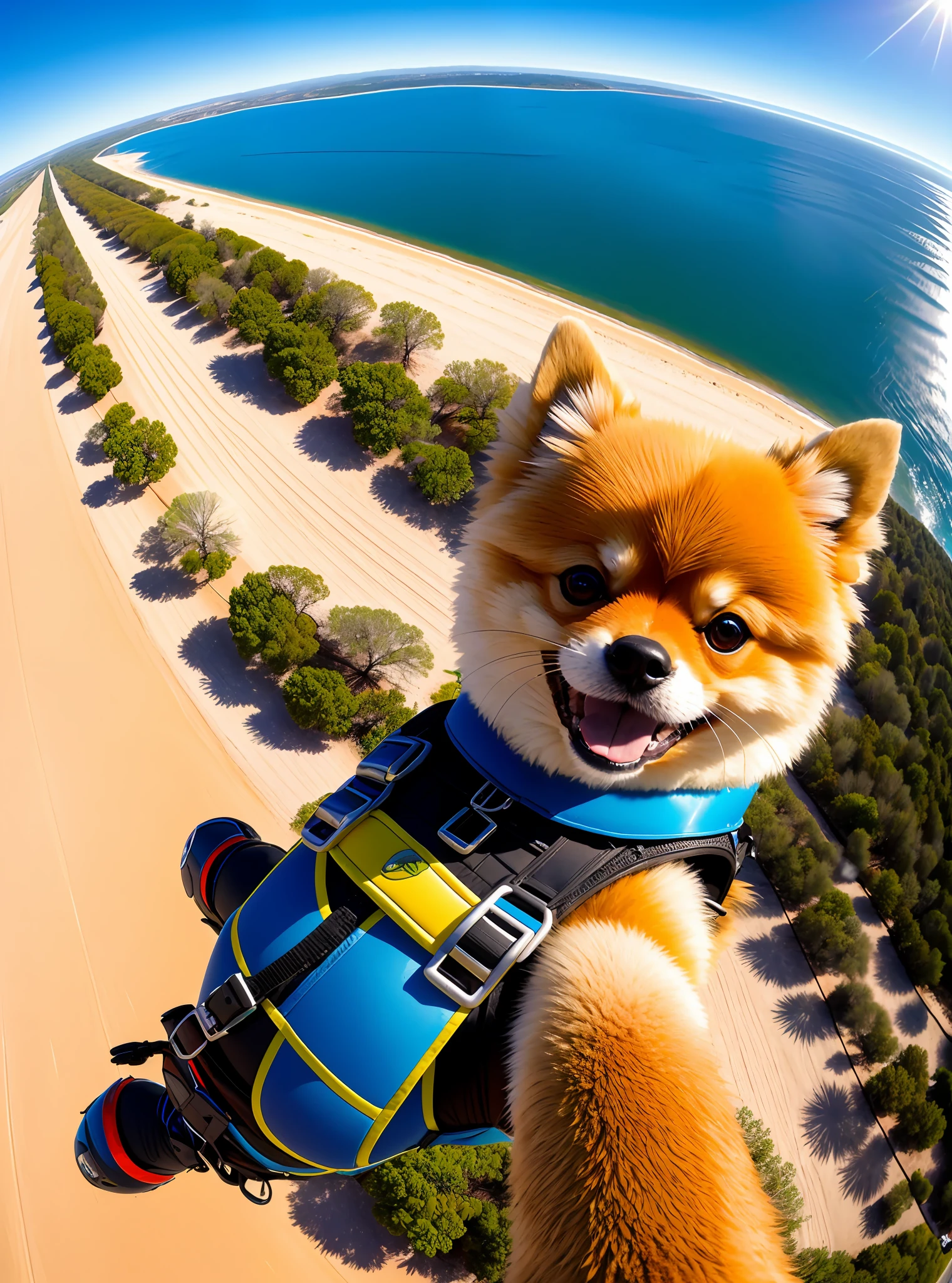 Extreme sports photography, skydiving, a ((Pomeranian)) is falling from the sky, the dog breed is Pomeranian, thrilling and nervous, selfie medium shot, bird's eye view, sea, forest, lake, desert, city, high texture, realistic Effect
