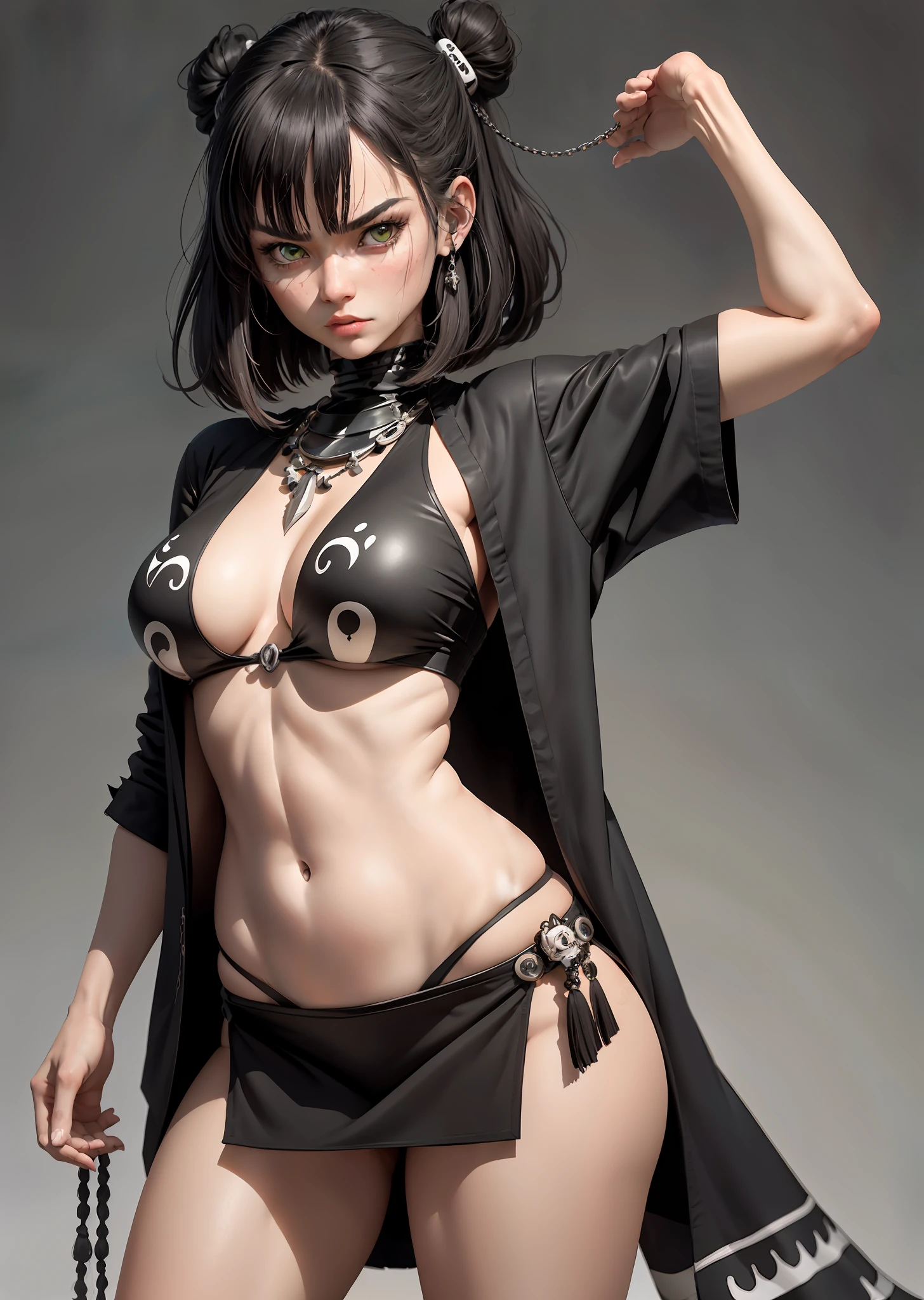 (best quality, masterpiece 1.2), detailed, 1 orca girl, solo, looking at viewer,
simple background, sensual, angry pose, detailed eyes,
  cut hair in long layers, dark hair, full body, green eyes,
chief of tribe, mature woman, damaged clothes, necklaces with skulls, ogre-style miniskirt, club in hand
  bokuman