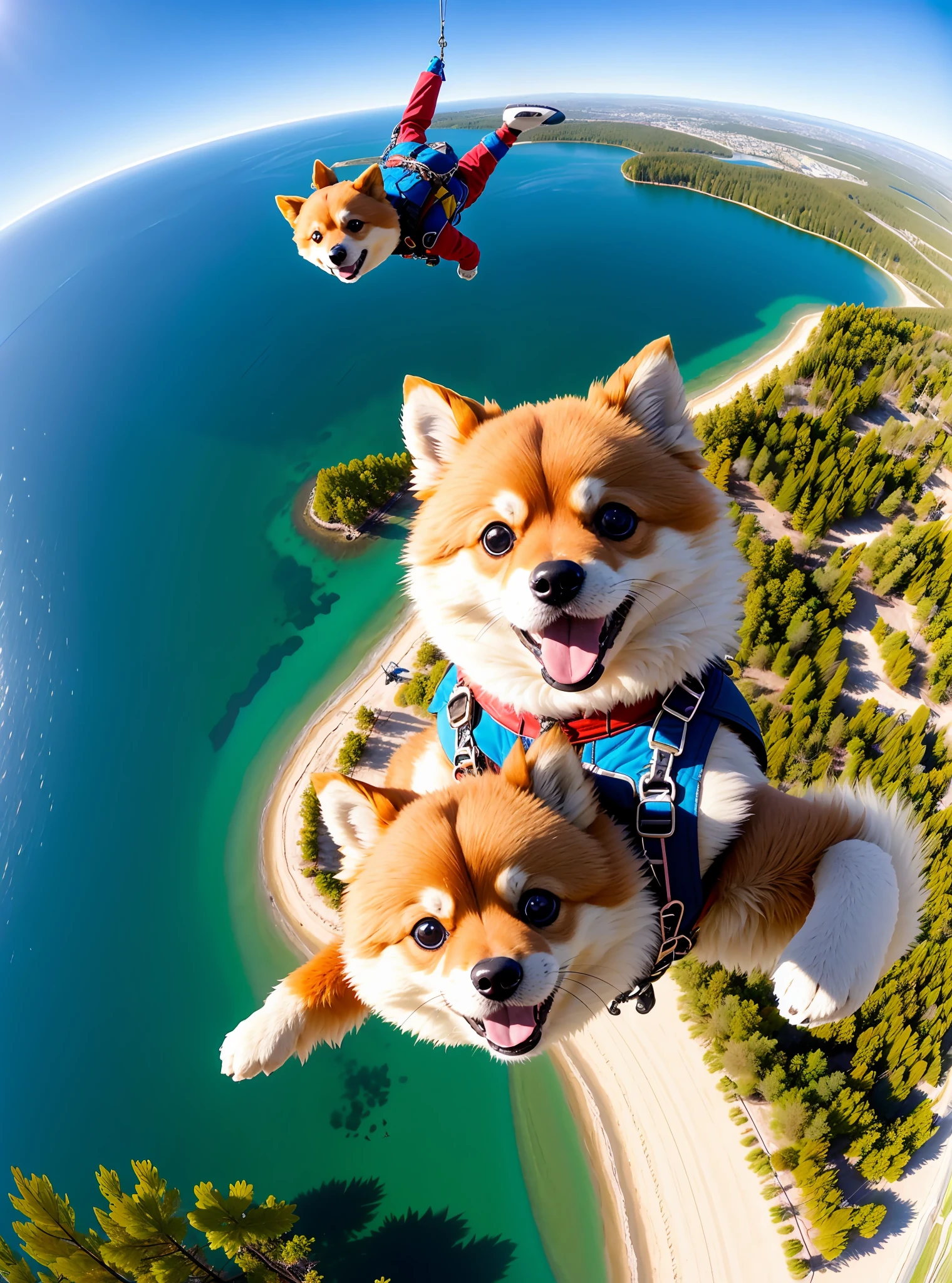 Extreme sports photography, skydiving, a Pomeranian is falling from a high altitude, thrilling and nervous, selfie medium shot, Pomeranian with dog bones on its back, bird's eye view, sea, forest, lake, desert, city, high texture, realistic effect