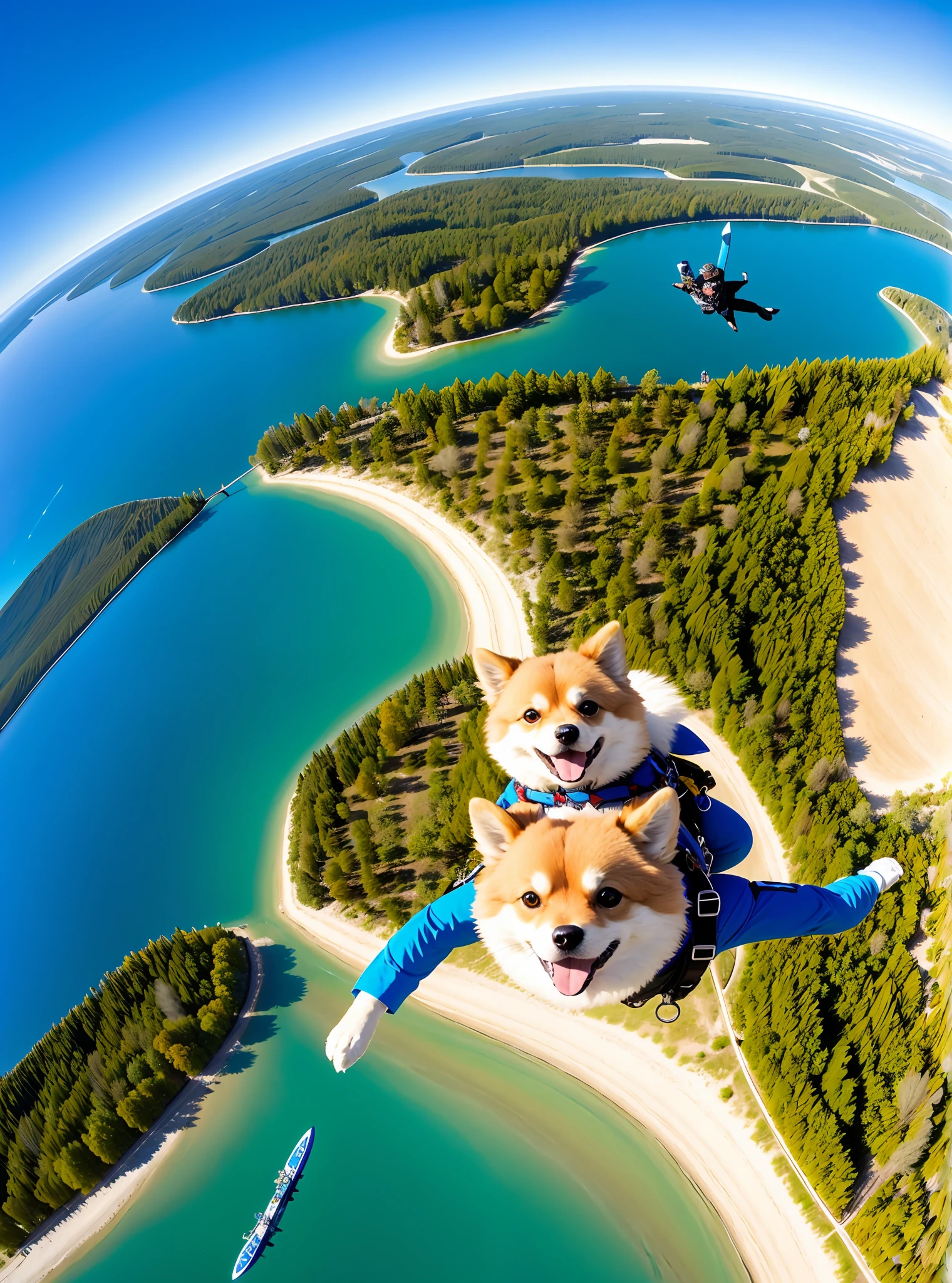 Extreme sports photography, skydiving, a Pomeranian is falling from a high altitude, thrilling and nervous, selfie medium shot, Pomeranian with dog bones on its back, bird's eye view, sea, forest, lake, desert, city, high texture, realistic effect