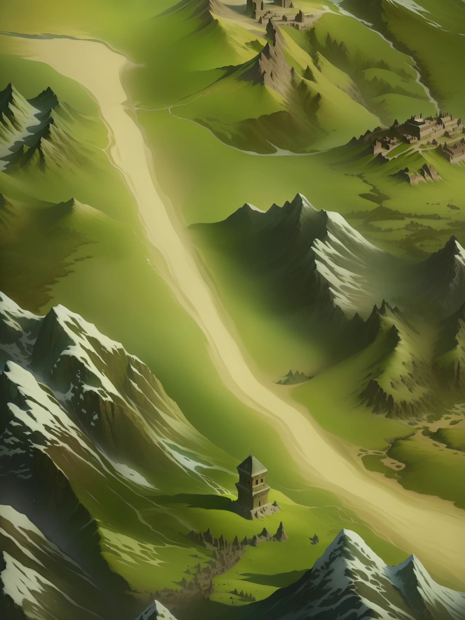 a close up of a painting of a mountain with a road, detailed game art, ultra detailed game art, detailed game art illustration, painted as a game concept art, game map matte painting, detailed digital 2d fantasy art, detailed landscape, intricate details in environment, detailed scenery —width 672, mountainous area, scenery art detailed