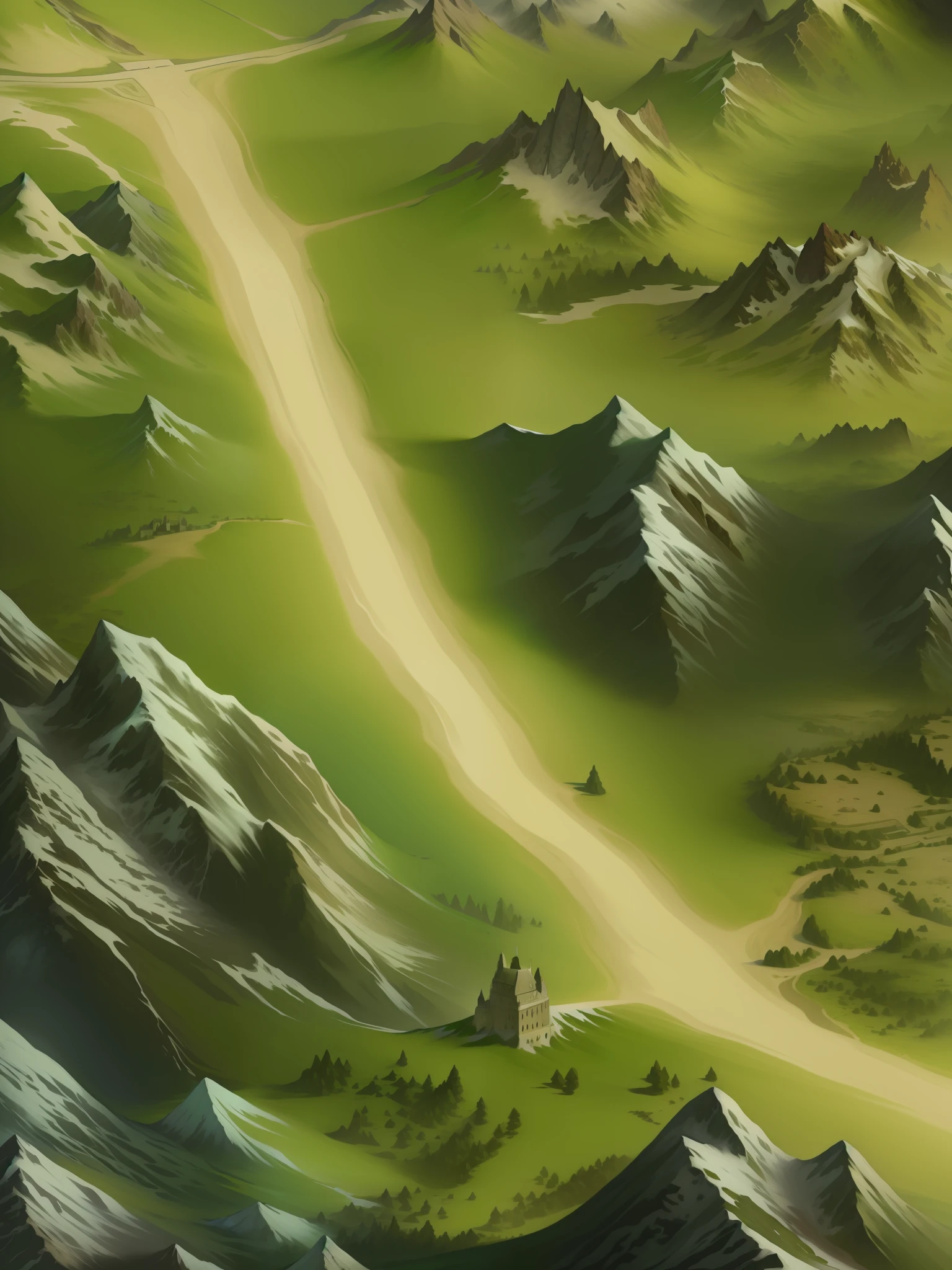 a close up of a painting of a mountain with a road, detailed game art, ultra detailed game art, detailed game art illustration, painted as a game concept art, game map matte painting, detailed digital 2d fantasy art, detailed landscape, intricate details in environment, detailed scenery —width 672, mountainous area, scenery art detailed