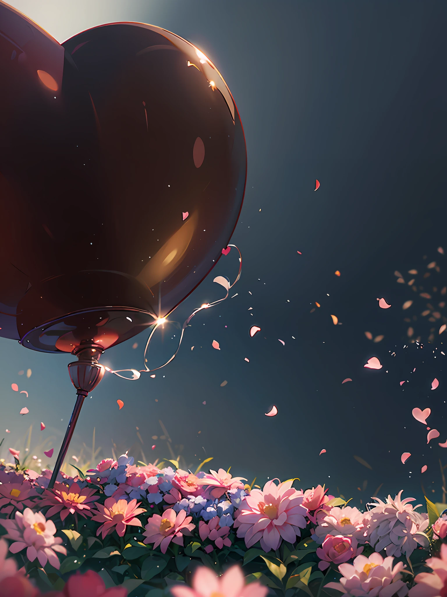 Valentine's day poster, hyper realistic scene surrounded by flowers, love balloons, , blender, product rendering, HD 8K. --v6