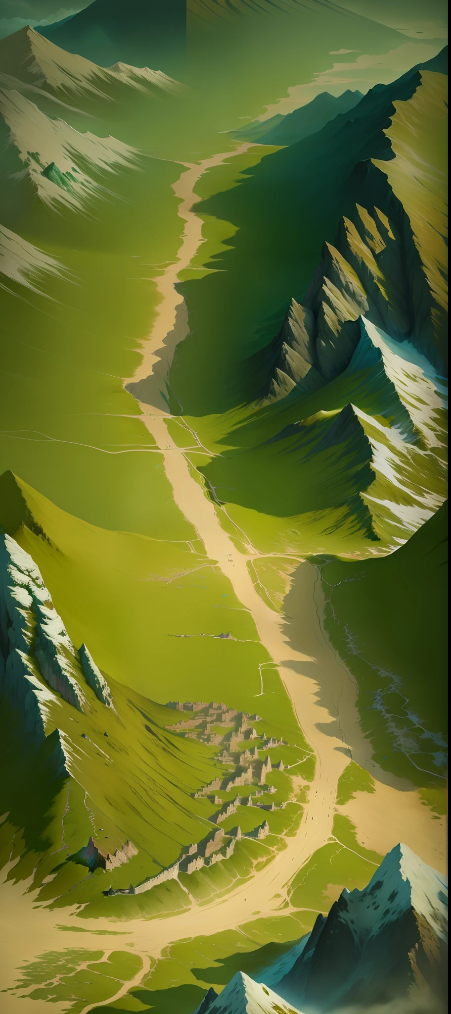 a close up of a painting of a mountain with a road, detailed game art, ultra detailed game art, detailed game art illustration, painted as a game concept art, game map matte painting, detailed digital 2d fantasy art, detailed landscape, intricate details in environment, detailed scenery —width 672, mountainous area, scenery art detailed
