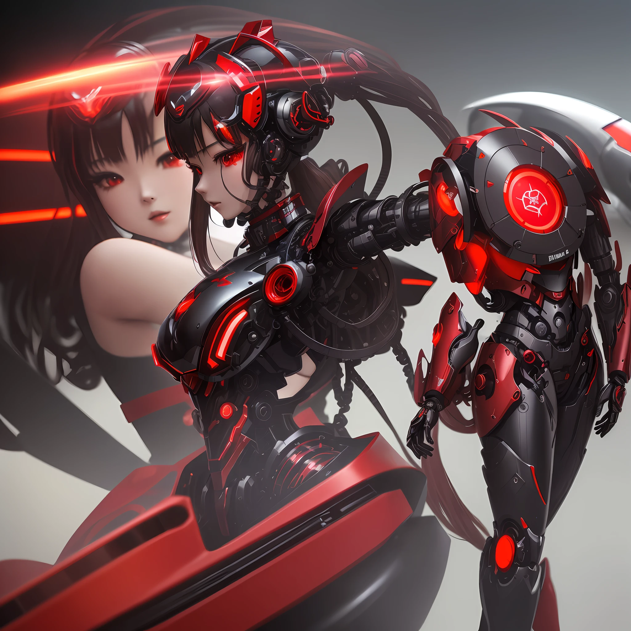Jiniang, an anime female character wearing a metal suit, Robogirl, high-tech, red and black mecha, exquisite CG, exquisite figure, semi mechanical body, cool and gorgeous, exquisite and complex mechanical components, rich details, eye-catching details, Tyndall effect, 16k, mechanical weapons