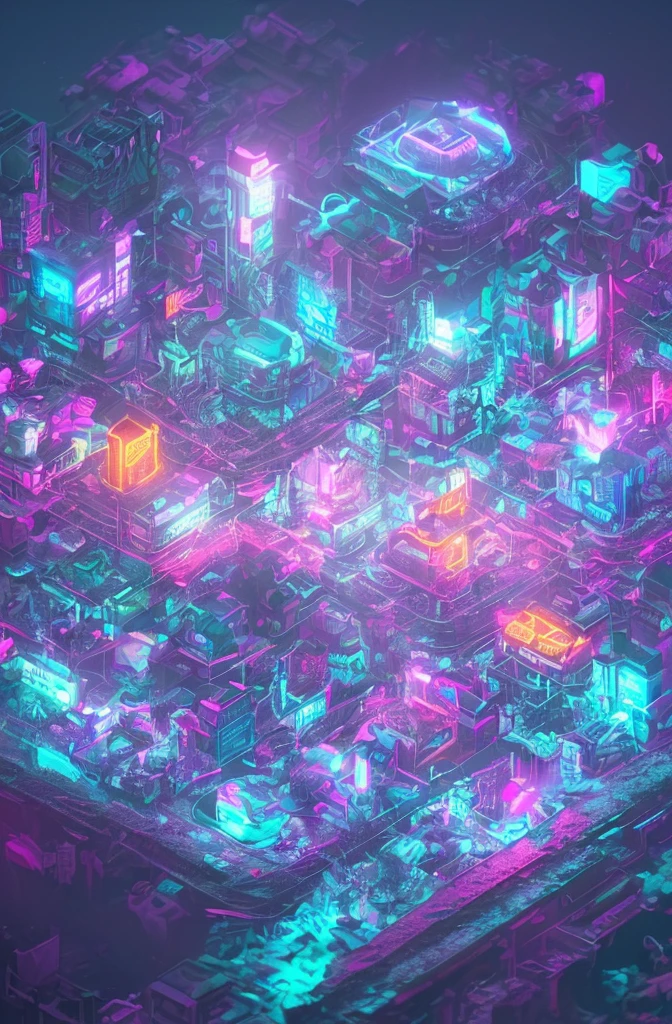 Isometric cross-section of a crystalline dilapidated city, decorated with flowers, showing a vaporwave style, urban landscape under lighting, adding volumetric light effects and FXAA special effects, Chromatic Aberration effects, presenting a shocking Concept Art picture, 8K resolution , inspired by Greg Rutowski, made using Unreal Engine and Octane Render, depicting a skiing scene.