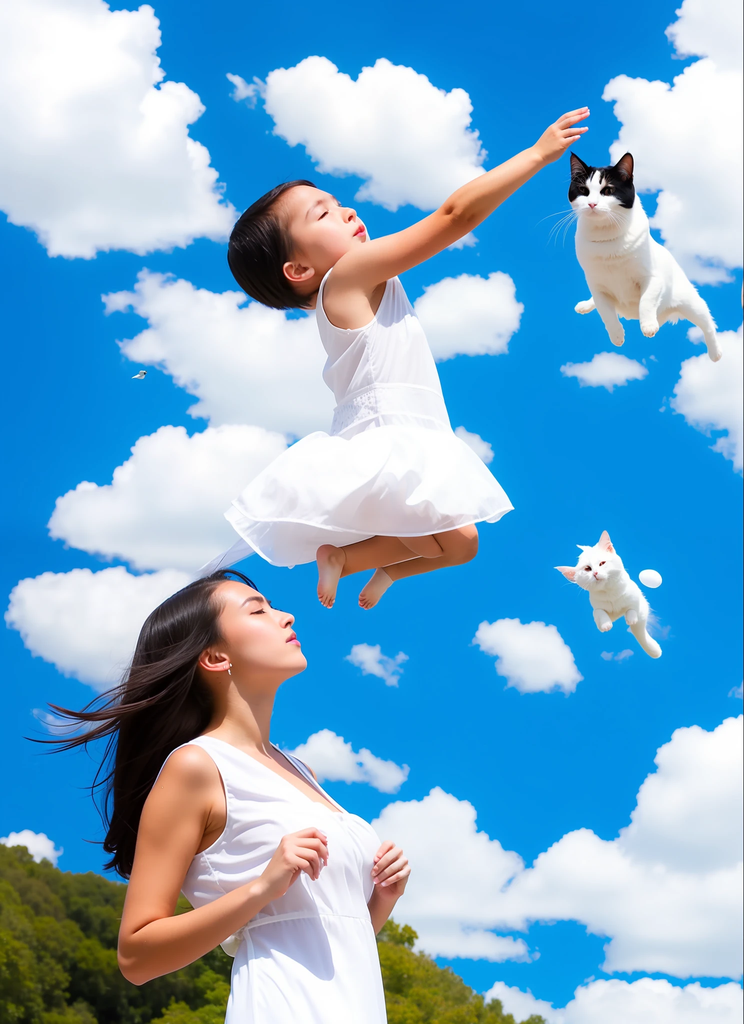 Female ghost black hair white dress big breasts flying In the blue sky with a boy and his cat