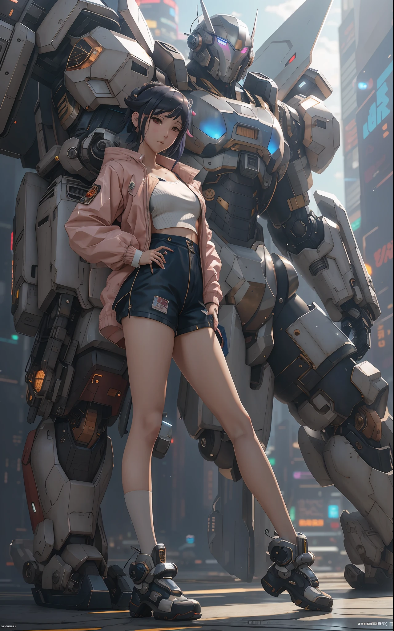 anime girl in short shorts and jacket standing next to giant robot, artwork in the style of guweiz, cyberpunk anime girl mech, trending on cgstation, guweiz, by Russell Dongjun Lu, digital cyberpunk anime art, ross tran 8 k, guweiz on artstation pixiv, girl in mecha cyber armor