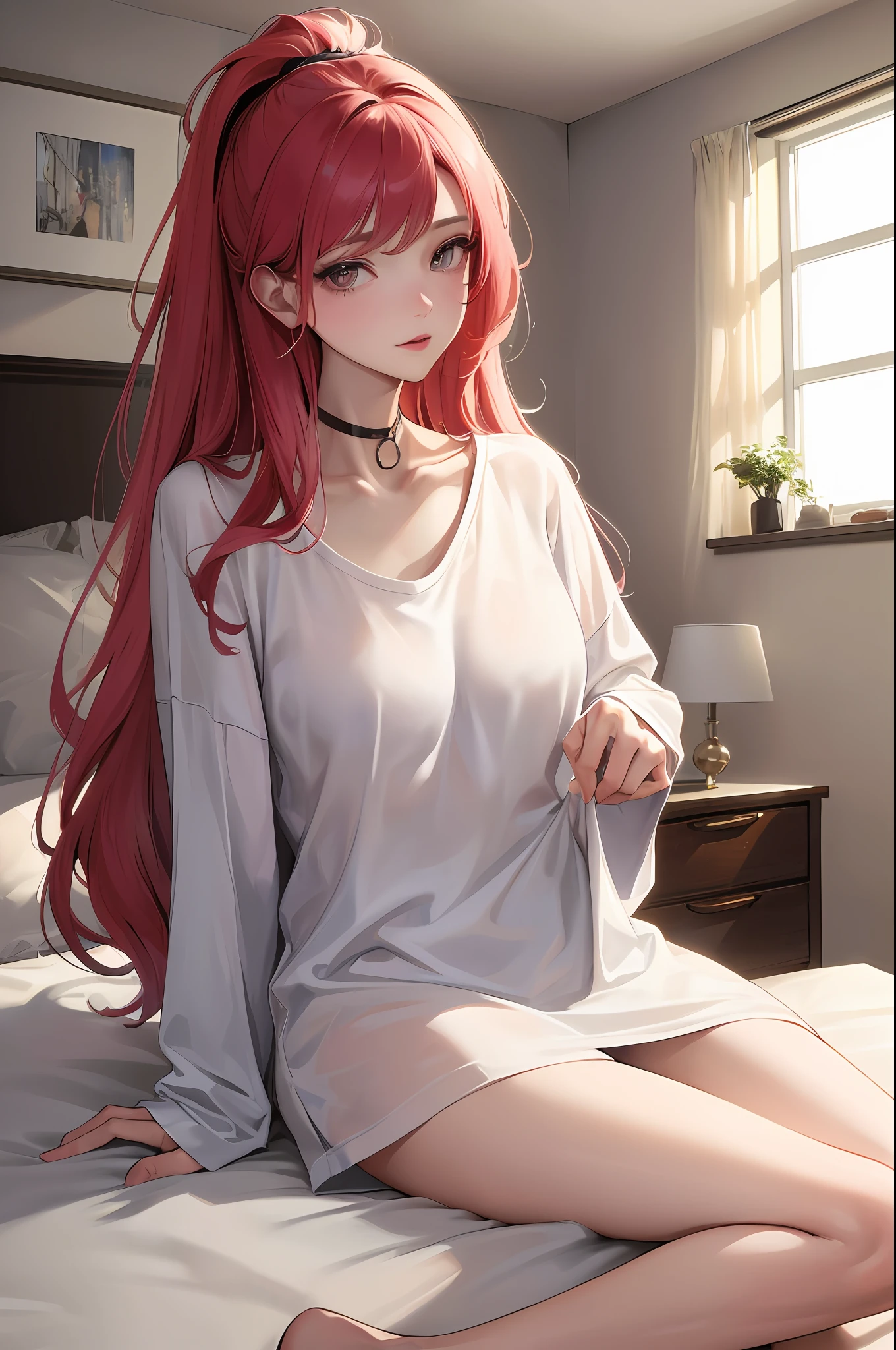 (highest resolution, distinct_image) The best quality, a woman, masterpiece, highly detailed, semi realistic, 21 years old, cute, young, beautiful, oversized t-shirt, shirt tug, collar on neck, indoors, modern bedroom, window, waking up, morning