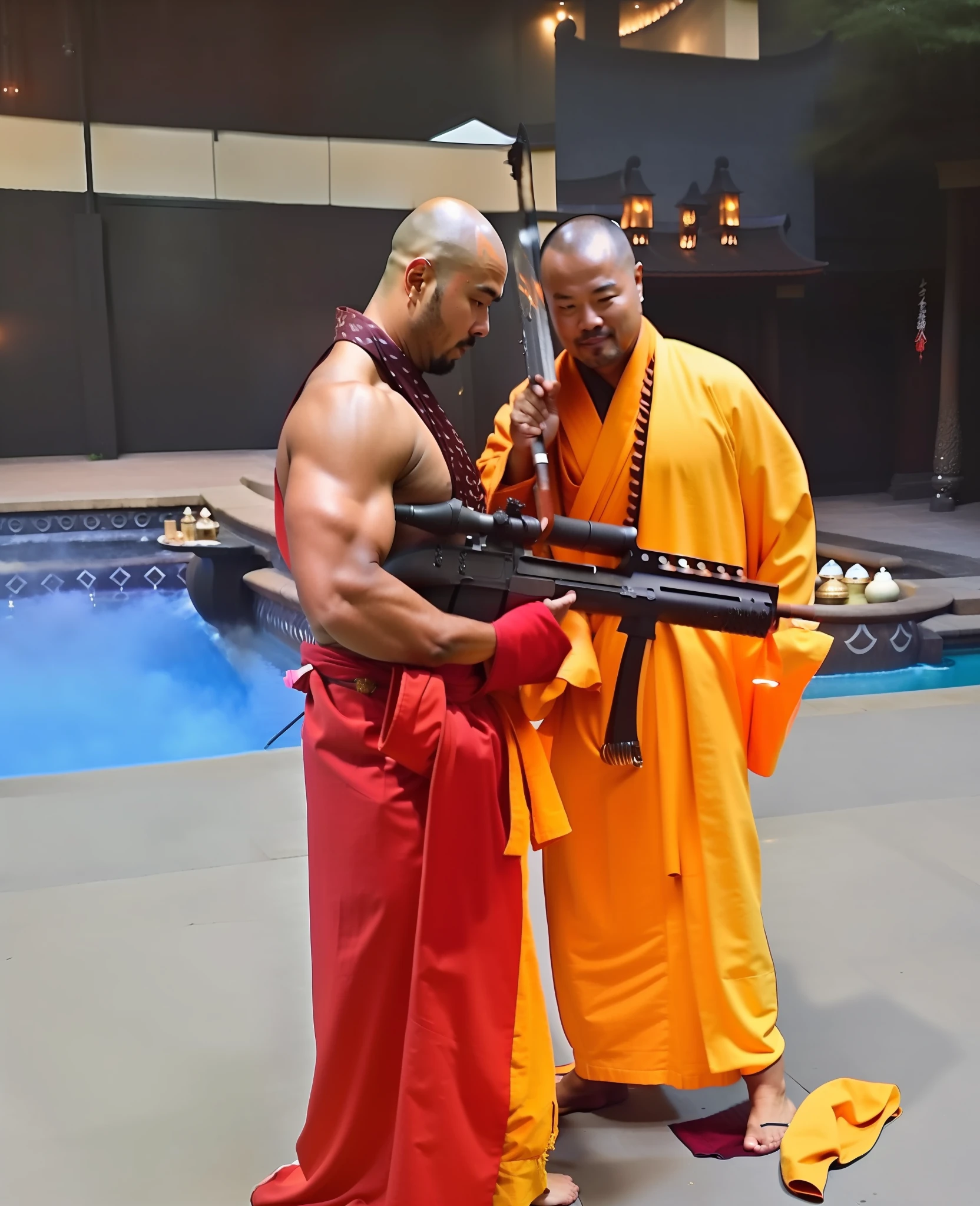 two men in orange robes stand next to a large gun, in the style of sifu 🔥 😎 🕹️ 👀 :2, goku in real life, dwayne johnson as samurai, yiqiang and shurakrgt, chinnese mafia, leaked photo, scene from live action movie, monks!!!!!!!!! fire, taoist priest, taoist master