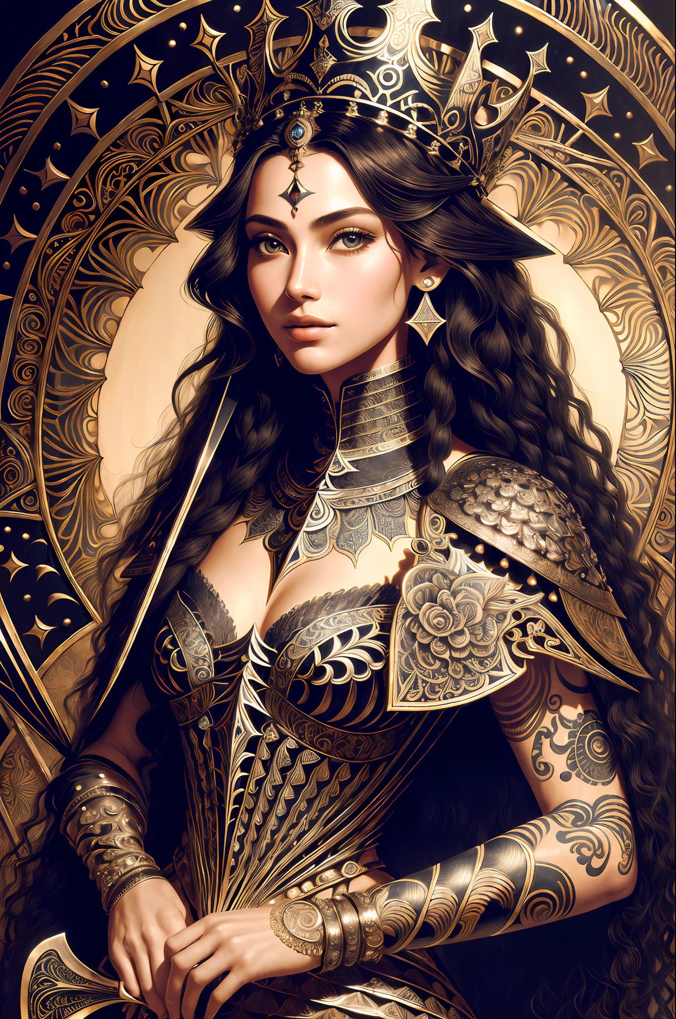 Absurd, High Resolution, Portrait Detail, (Portrait Detail Background, Detailed Background), Portrait Detail, 1 Girl, Bunch of Flowers, (Zentangle:1.1), (Geometric:1.1), Beautiful Flowing Hair, Fine Anatomy, Dramatic, Award Winning , Masterpiece, Masterpiece, (Queen of Spades), (Regal Warrior Outfit), (Full Body), (Crown), (Spade Symbol: 1.25), Wearing iron armor,
