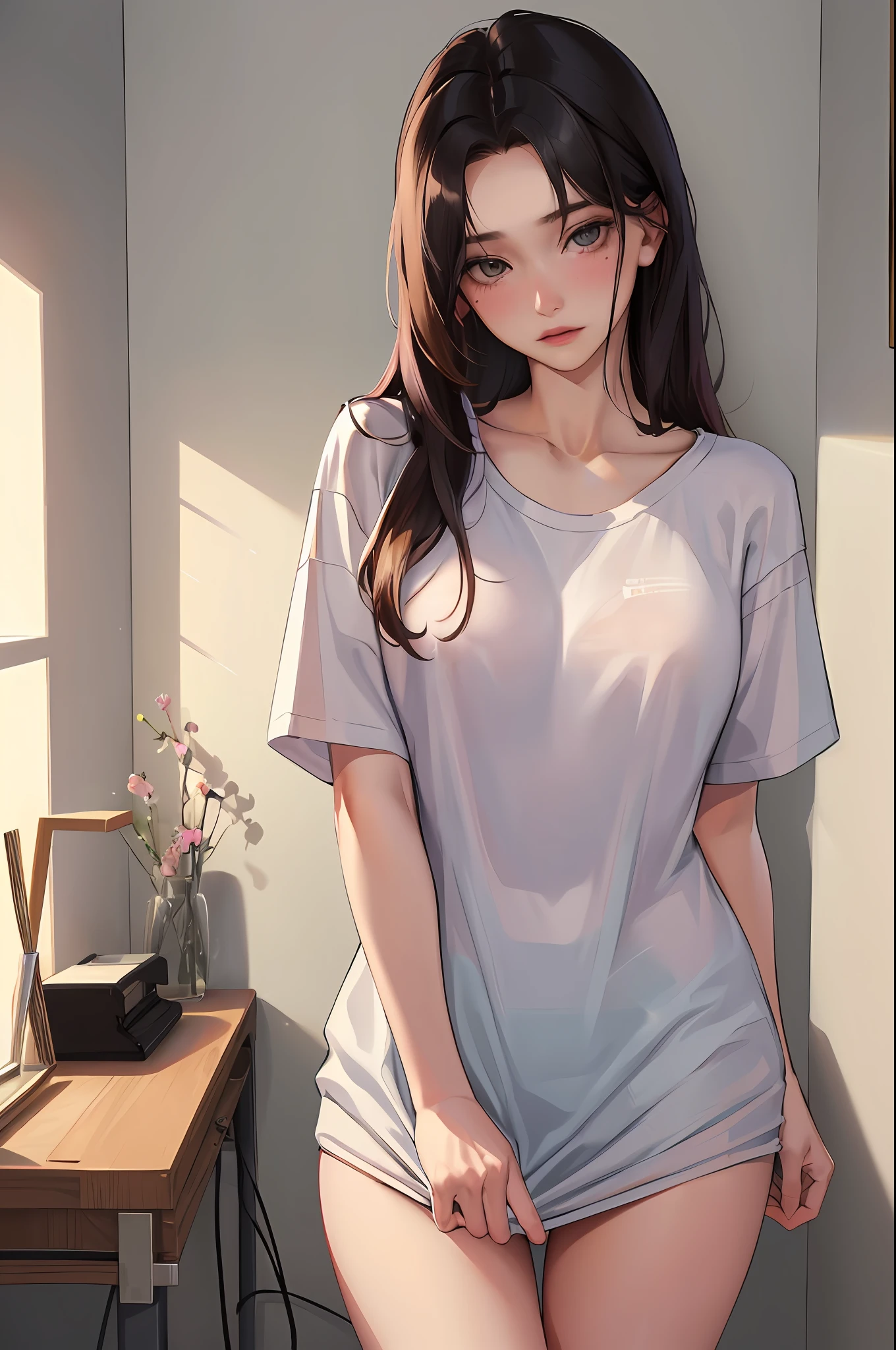 (highest resolution, distinct_image) The best quality, a woman, masterpiece, highly detailed, semi realistic, 21 years old, cute, young, beautiful, naked oversized t-shirt, shirt tug, collar on neck, indoors, modern bedroom, window, waking up, morning, blushing