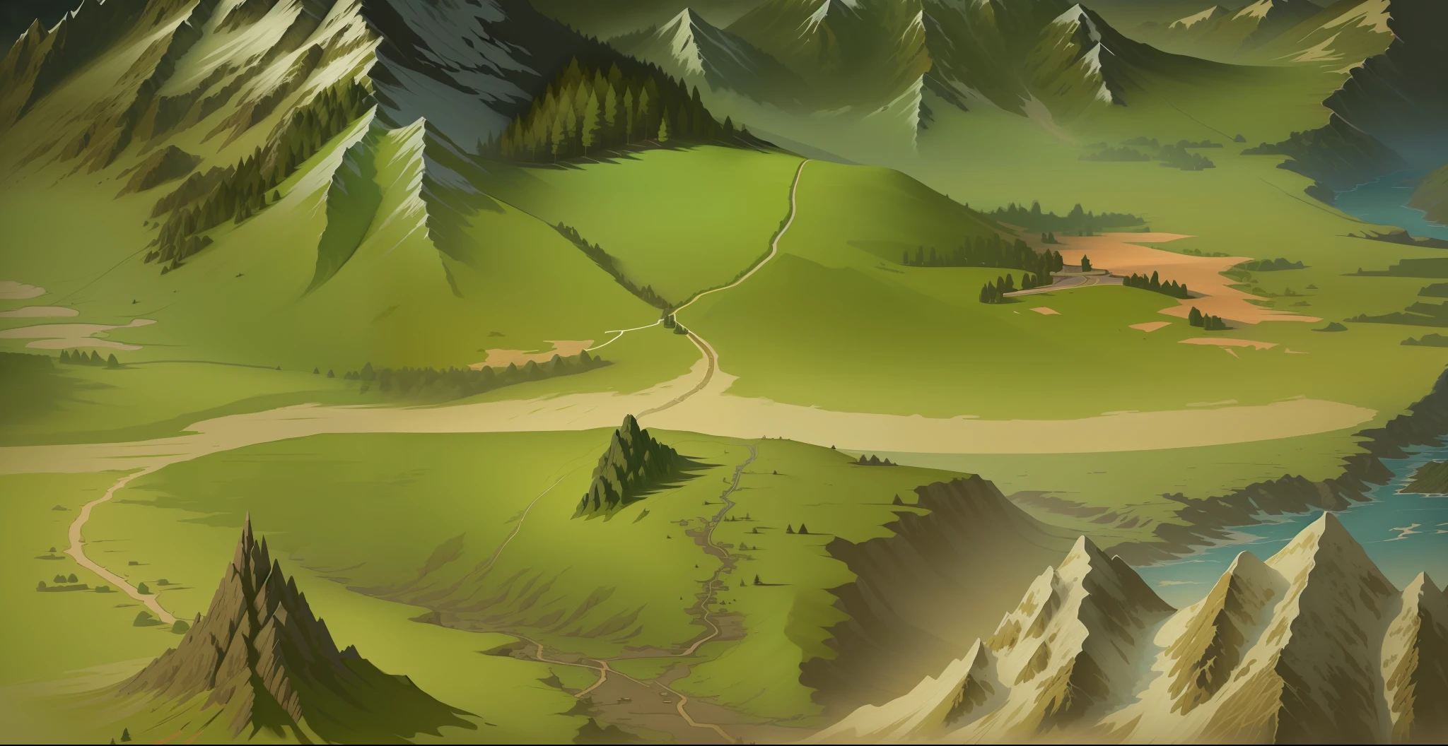 closeup of mountain and road painting, detailed game art, super detailed game art, detailed game art illustration, drawn as game concept art, game map mask painting, detailed digital 2d fantasy art, detailed landscape, intricate detail In Environment, Detailed Landscape - Width 672, Mountains, Detailed Landscape Art, Mountain Road Closeup, Road