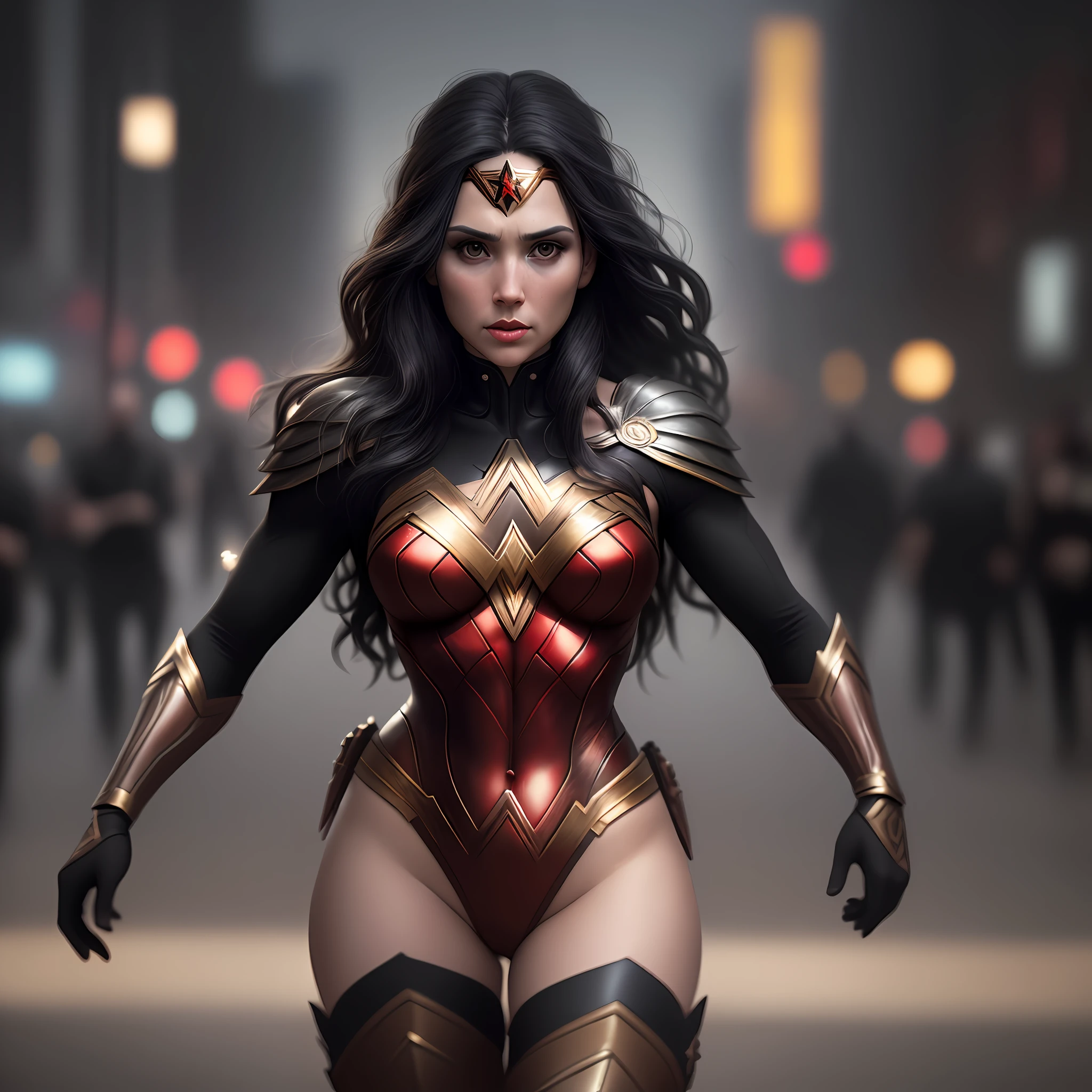 8k, best quality, real photo, intricate detail, ultra detail, super high resolution, depth of field, (realistic, realistic:1.2), masterpiece, 1girl's photo, wonder woman, superhero, photorealistic, leotard, boots, tiara, dark hair , lips, long hair, solo, (Public Costume:1.3), ruined city background, dark mood with black background by lee jeffries, nikon d850, film stock, photo 4 kodak portra 400 camera f1.6 lens , rich colors, Surreal, vivid textures, dramatic lighting, Unreal Engine, artstation's trends, cinestill 800