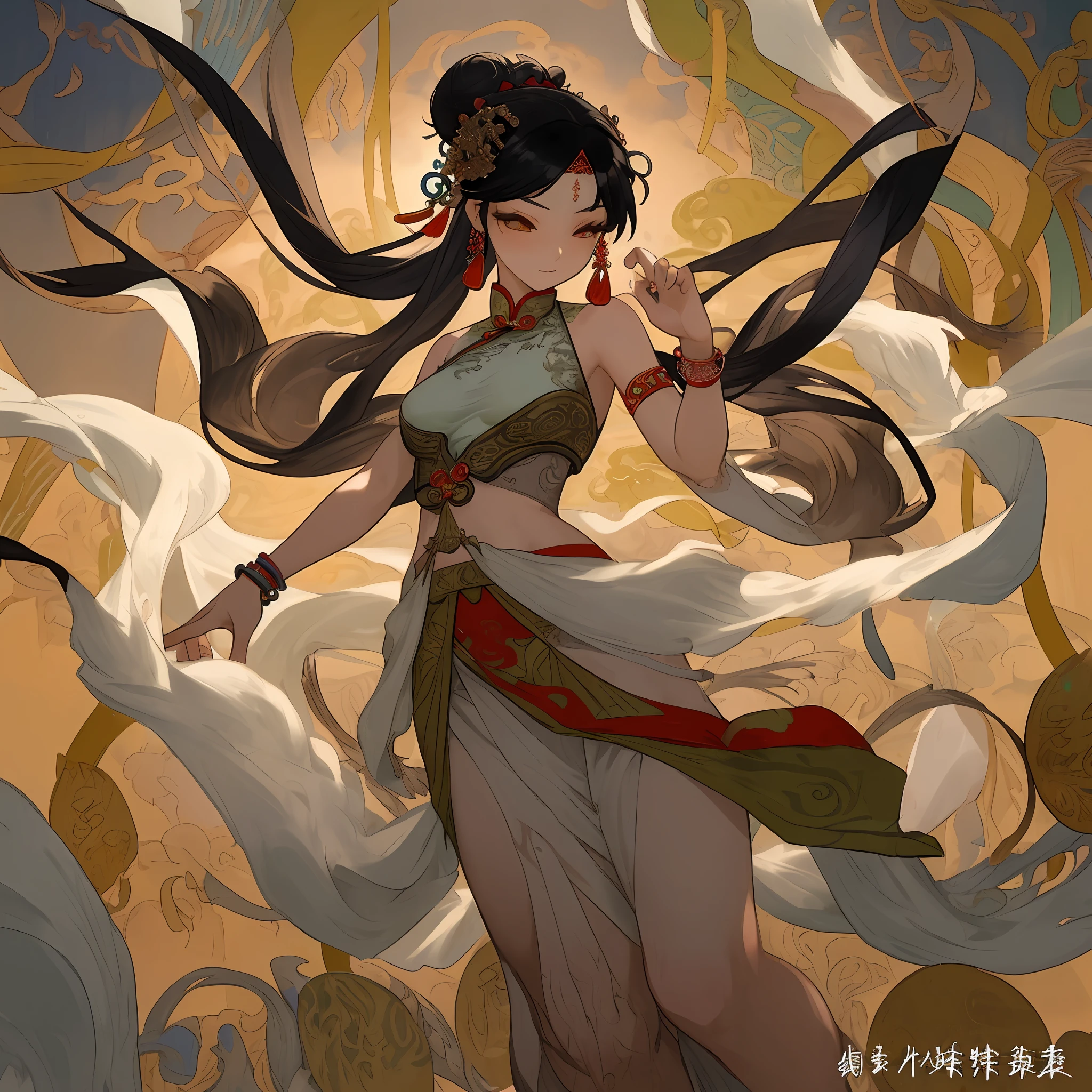 An ancient Chinese beauty in gorgeous dress with intricate embroidery, flowing tulle, transparent long colorful streamers on her arms, exposed navel, bare shoulders, open neck, black hair bun headband, flower hairpin, There are streamers on the armbands, wreaths, bracelets, anklets, metal chain tassels on the waist, Mogao Grottoes art, inspiration from Dunhuang Flying Apsaras murals, ink wash, cgstation popular