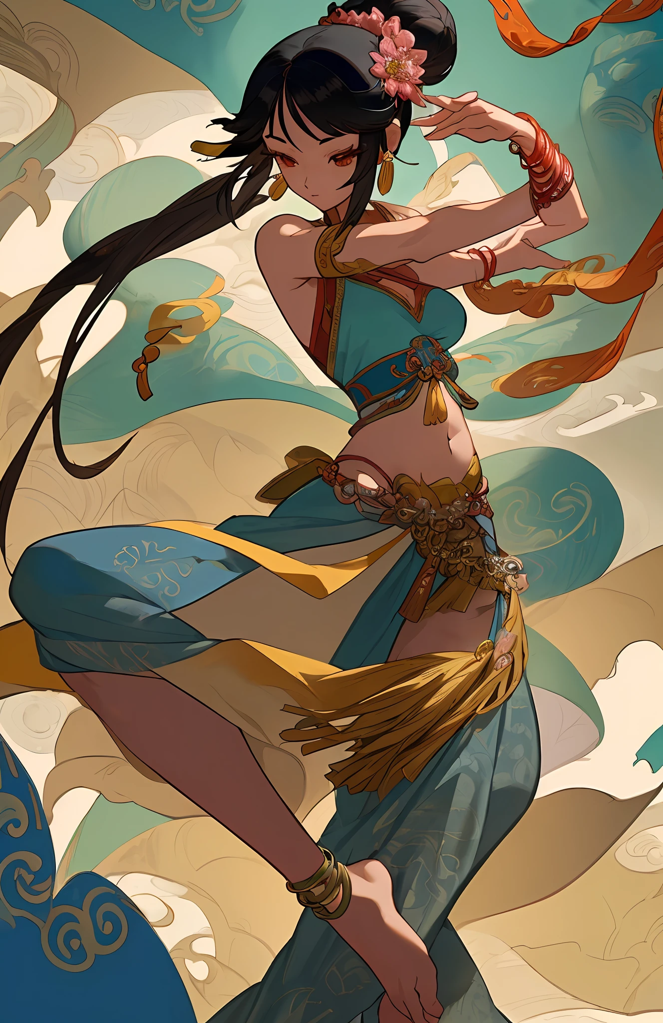 An ancient Chinese beauty in a dancing pose, gorgeous costumes embroidered with intricate embroidery, flowing tulle, transparent long colorful streamers tied around her arms, showing her navel, shoulders, and neck, black hair in a high bun Flower hairpin, streamers on armbands, wreath rings, bracelets, anklets, metal chain tassels on the waist, Mogao Grottoes art, Dunhuang Flying Apsaras mural inspiration, ink, cgstation popular, masterpiece, recent quality, 32K