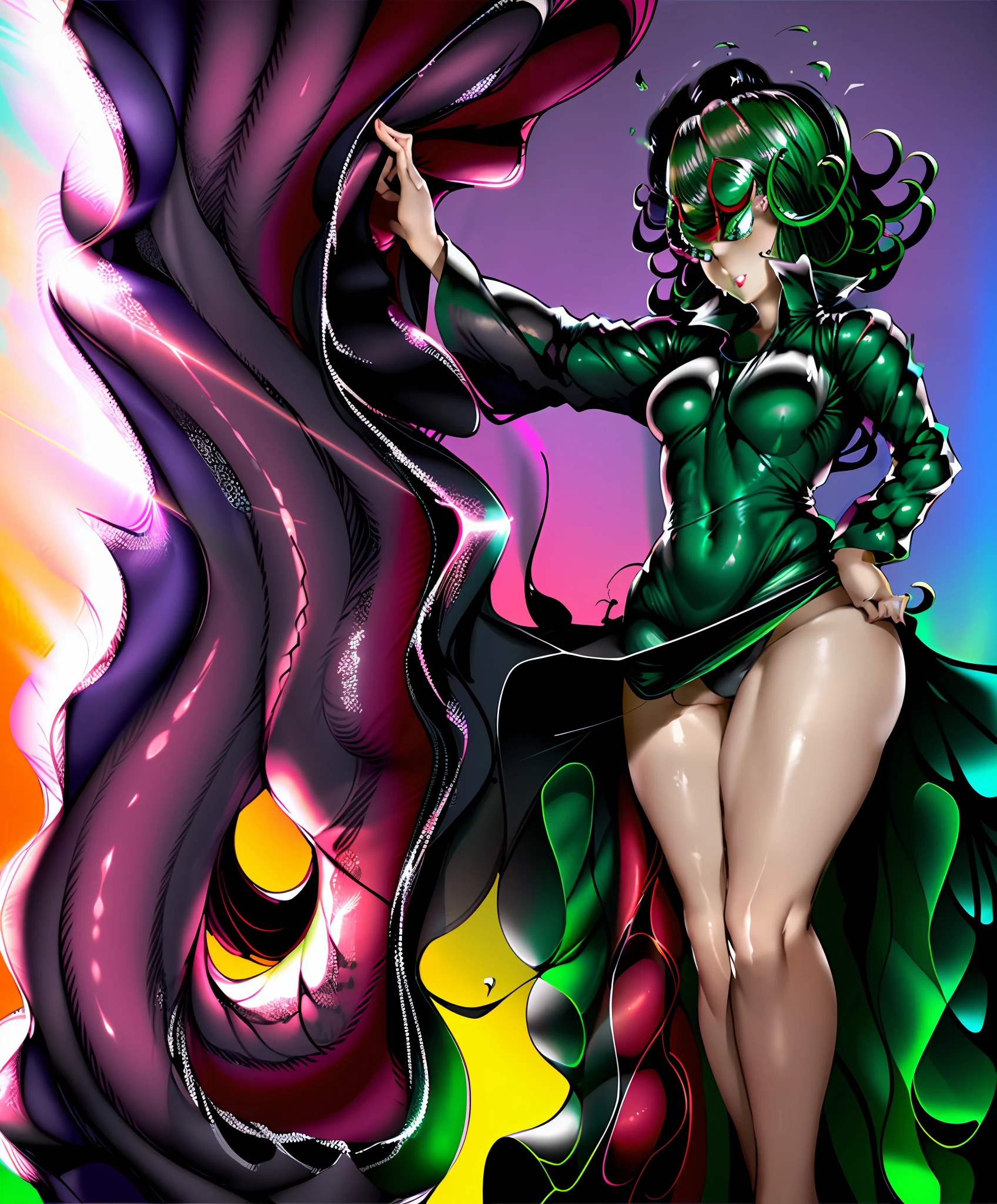 1girl, Tatsumaki, flat chest, black dress, pelvic curtain (tatsumaki:1.5), girl translucent black dress, long sleeves, thick thighs, wide hips, glow, pot curtain, green halo, see-through clothing, no, cameltoe, 1girl ,Chen Juan,green hair and green eyes,dress,solo,black dress,big breasts,small breasts,thighs,curly hair,telepathy,covering navel,