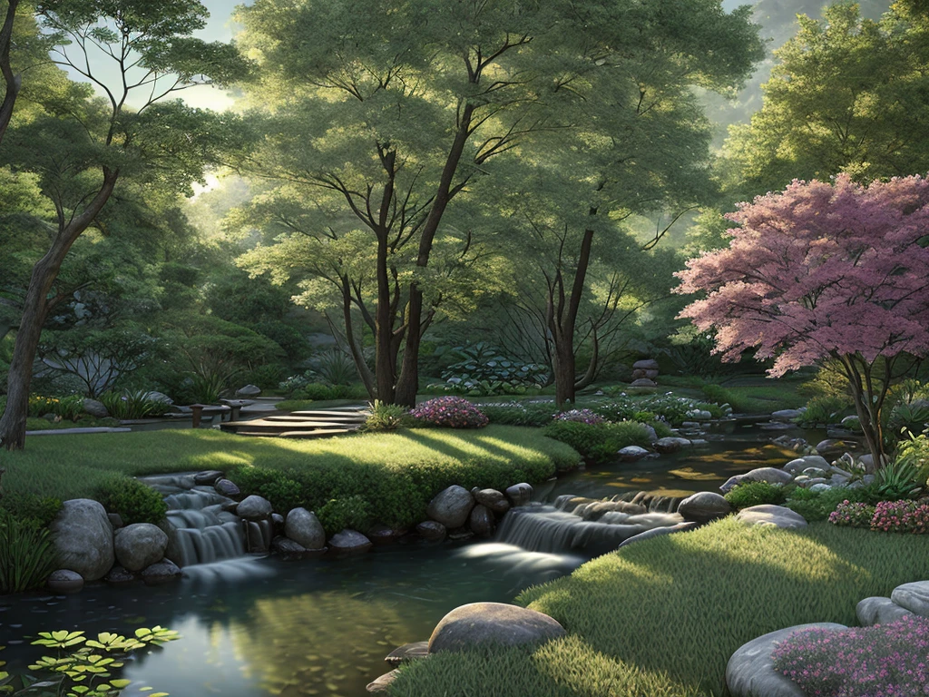 A serene place, very pleasant, beautiful, calm and beautifully landscaped. photorealistic, 8k uhd, studio quality, ultra realistic, maximum detail, large scale, postprocessing, photorealistic, photorealistic, photoshop, photography, detailed, cinematic lighting, landscape, panorama, scenery, ray tracing, cinema4d