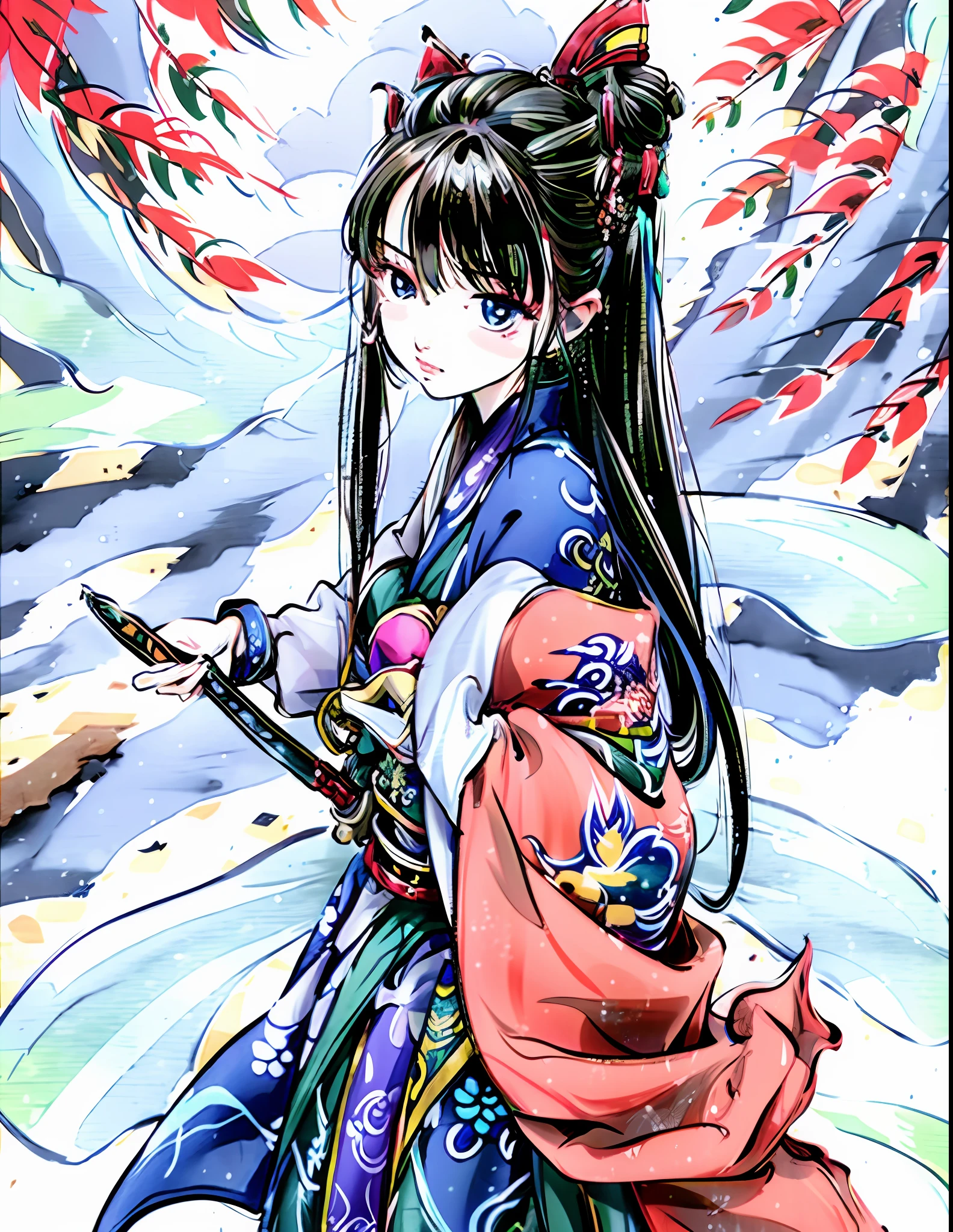 Clean background, 1 girl, 18 years old, katana, widow, maple leaf, blue and green ink, close-up, from the front, holding a red-black katana.