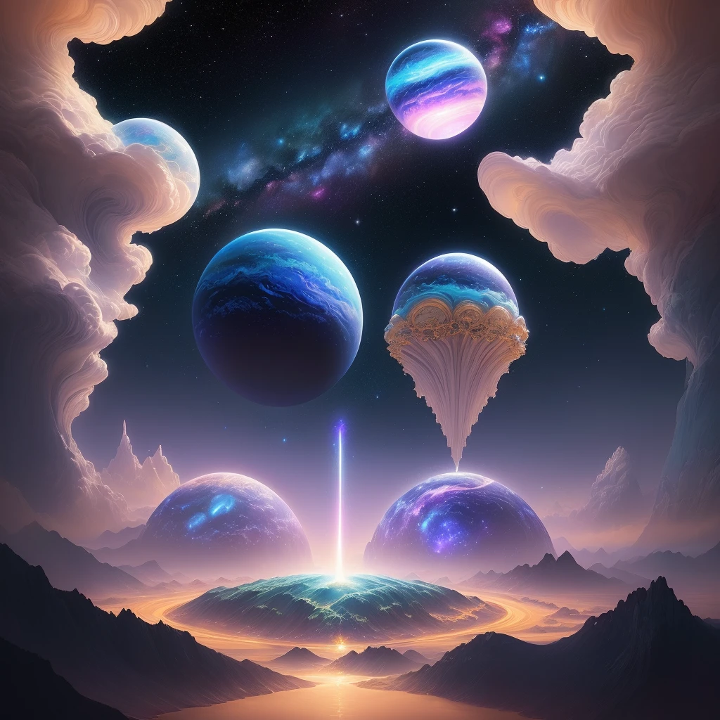 Beautiful space with mysterious planets, pastel painting, trending on art station, colorful, detailed, intricate, 16k, romantic, sapphire, 10 portals, beautiful fantasy landscape, realistic and natural, cosmic sky, detailed full color, nature, hd photography, realistic surreal, elements of nasa, magical, detailed, alien plants, glossy, surreal