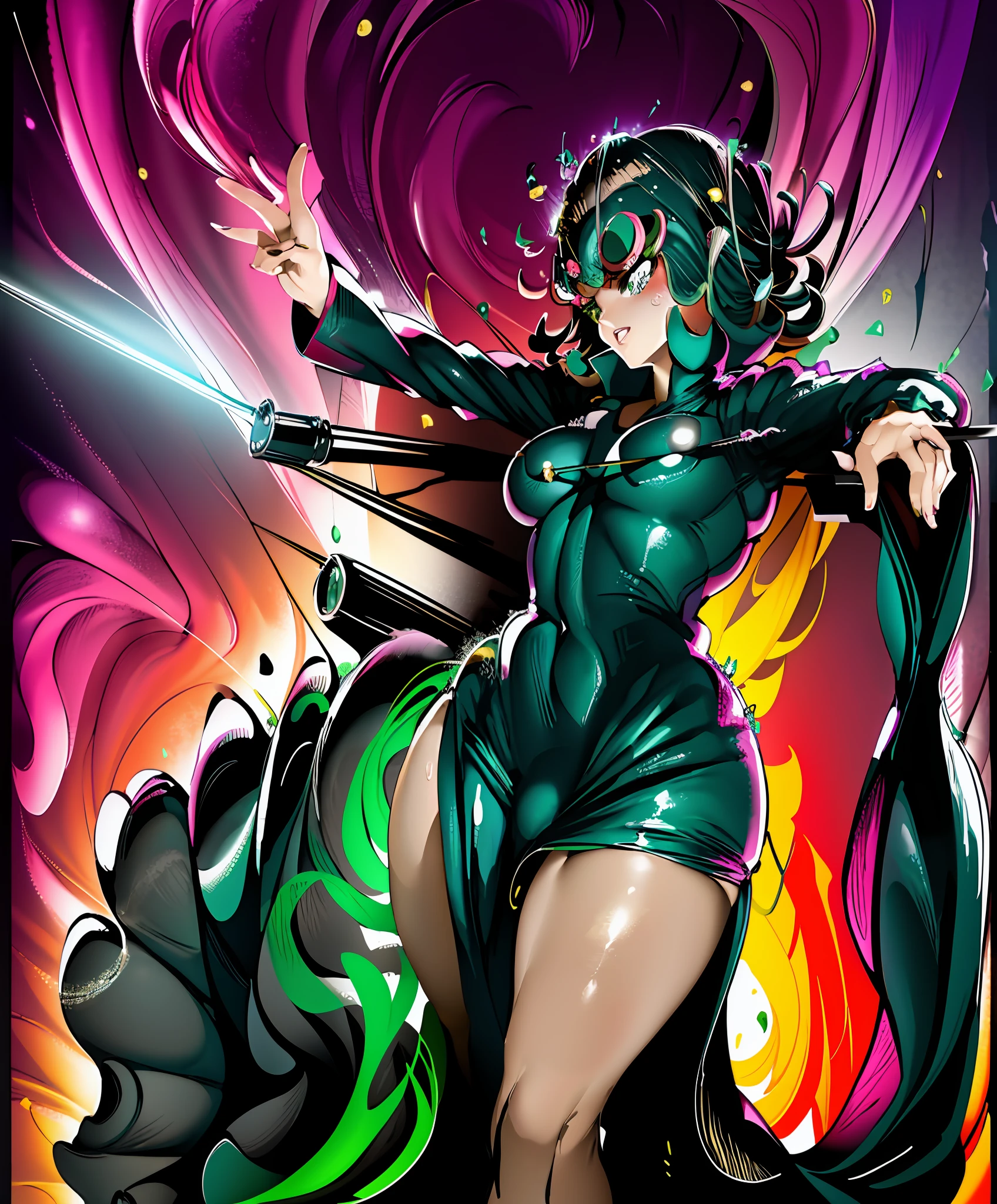Simple background, plump thighs, clamping thighs, hands stretched upwards, face and body facing the audience, slender waist, 1girl, Tatsukaki, flat chest, black skirt, pelvic curtain (tatsumaki:1.5), girl trasparent black latex dress, Long sleeves, thick thighs, wide hips, green light, pot curtain, green halo, see-through clothing, no, camel toe, 1girl, Chen Juan, green hair and green eyes, dress, solo, black dress, big breasts, small breasts, thighs, curly hair, belly button