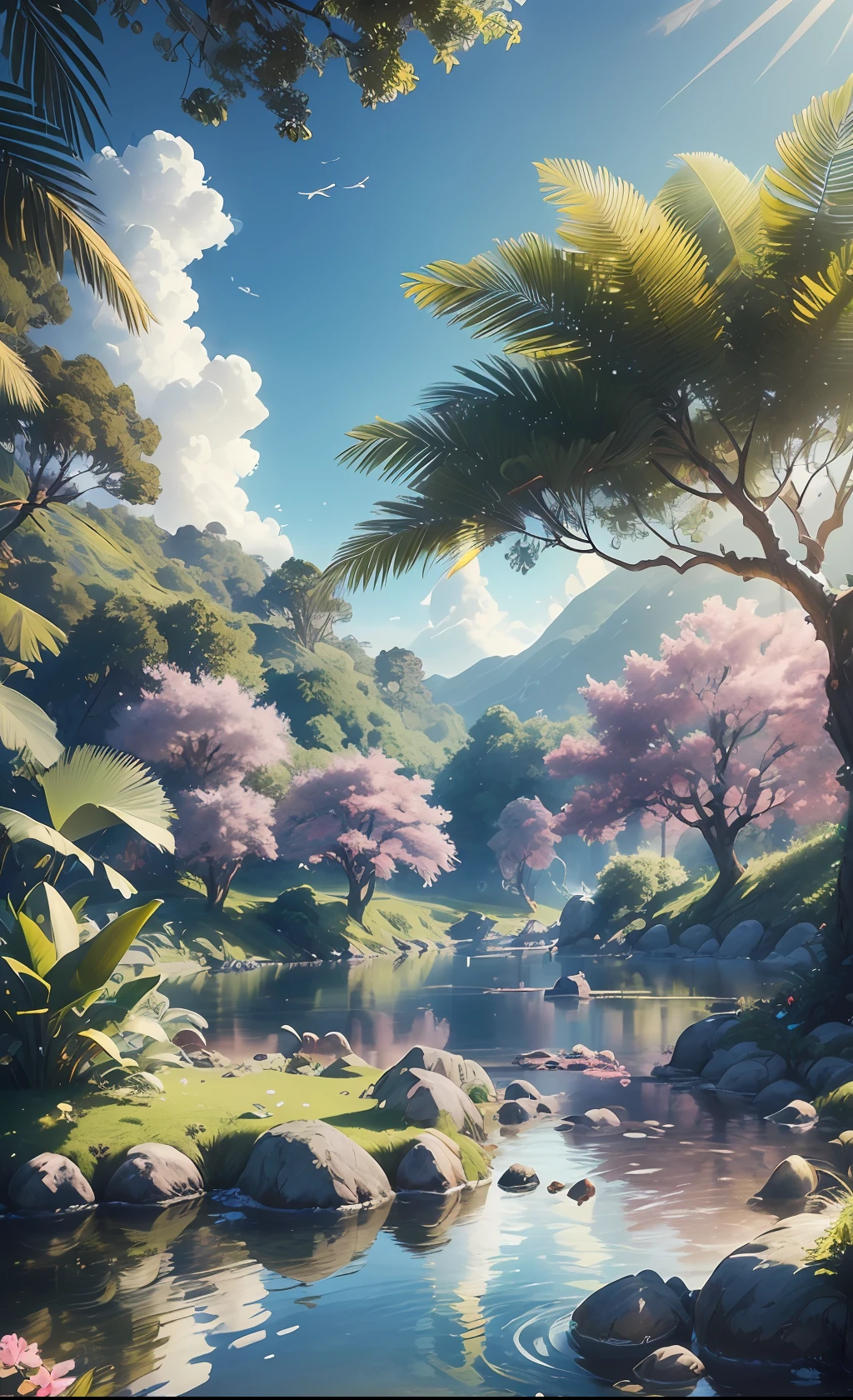 Masterpiece, best quality, (very detailed CG unity 8k wallpaper) (best quality), (best illustration), (best shadows) Vibrant colors, jungle, water, natural beauty, peaceful oasis , cherry tree, blue sky ray tracing, super detailed --v6