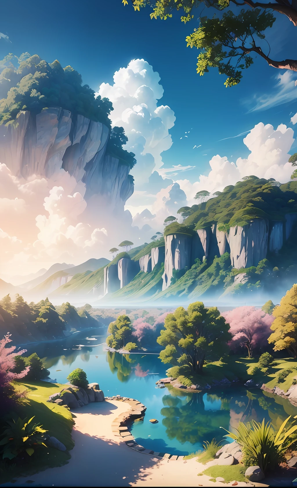 Masterpiece, best quality, (very detailed CG unity 8k wallpaper) (best quality), (best illustration), (best shadows) Vibrant colors, jungle, water, natural beauty, peaceful oasis , cherry tree, blue sky ray tracing, super detailed --v6