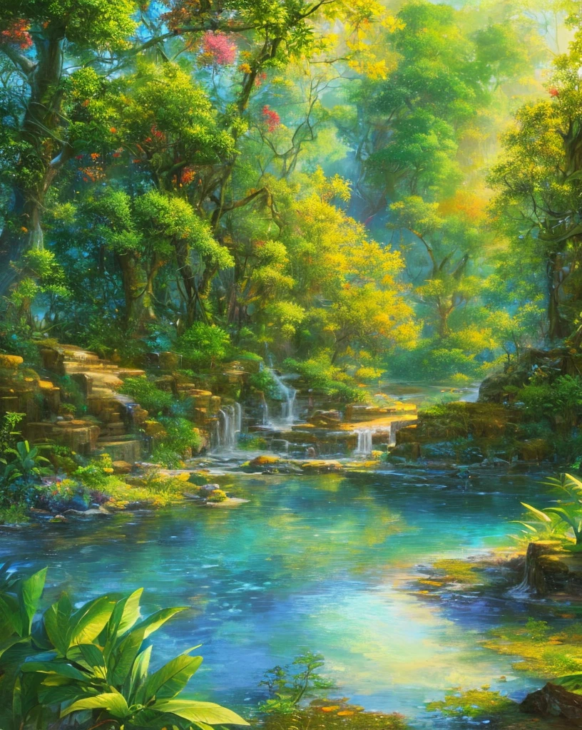 (highres:1.1), best quality, (masterpiece:1.2), vibrant colors, digital painting, jungle, water, natural beauty, peaceful oasis