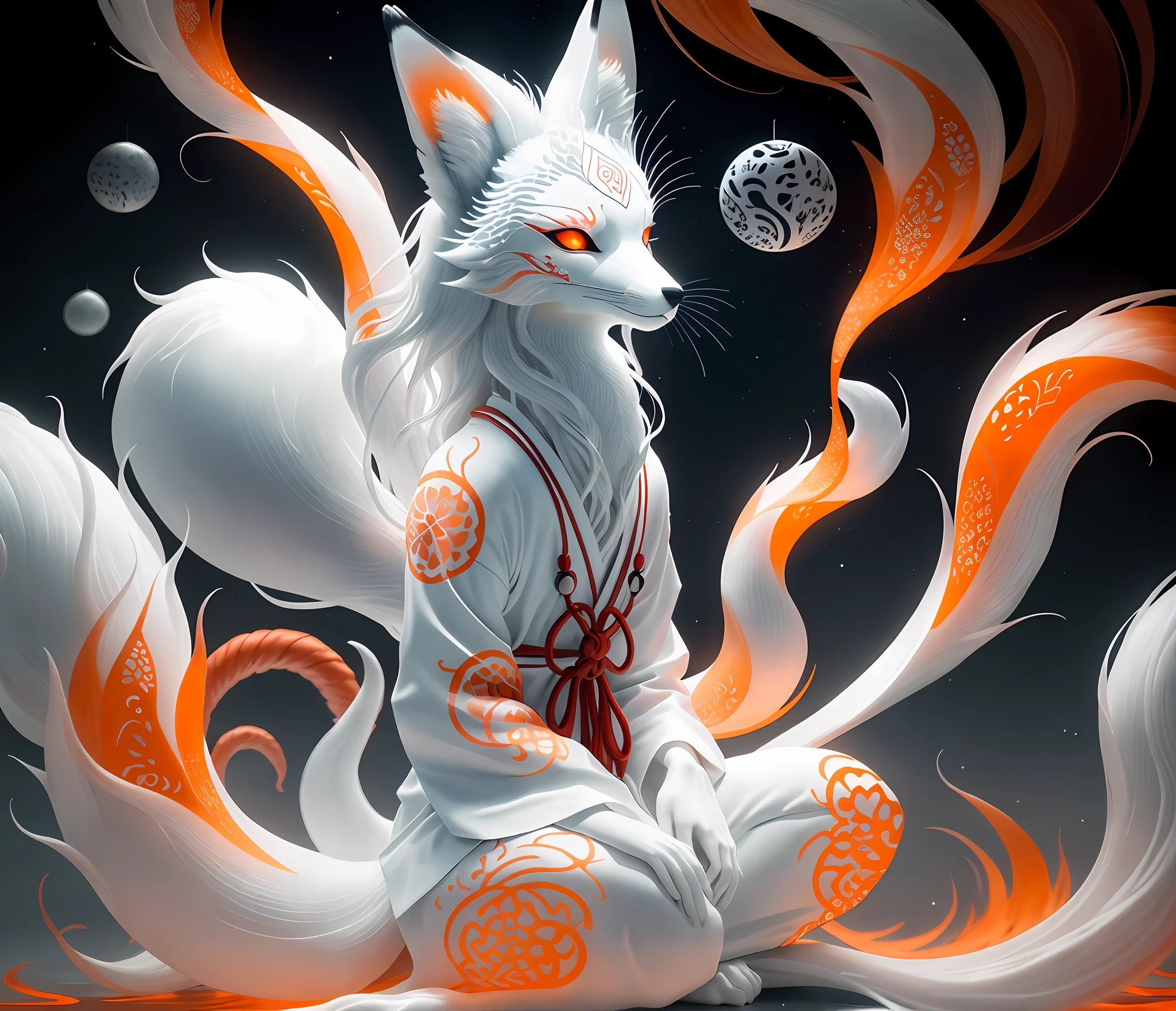 Close-up of a fox with nine tails, nine tails, nine tails, chtulhu, inspired by Sugimura Jihei, delicate and fine. tentacles, white alien squid, ghostly form, inspired by Sōami, jormungand, mystical creatures, &quot;phoenix wallpaper&quot;