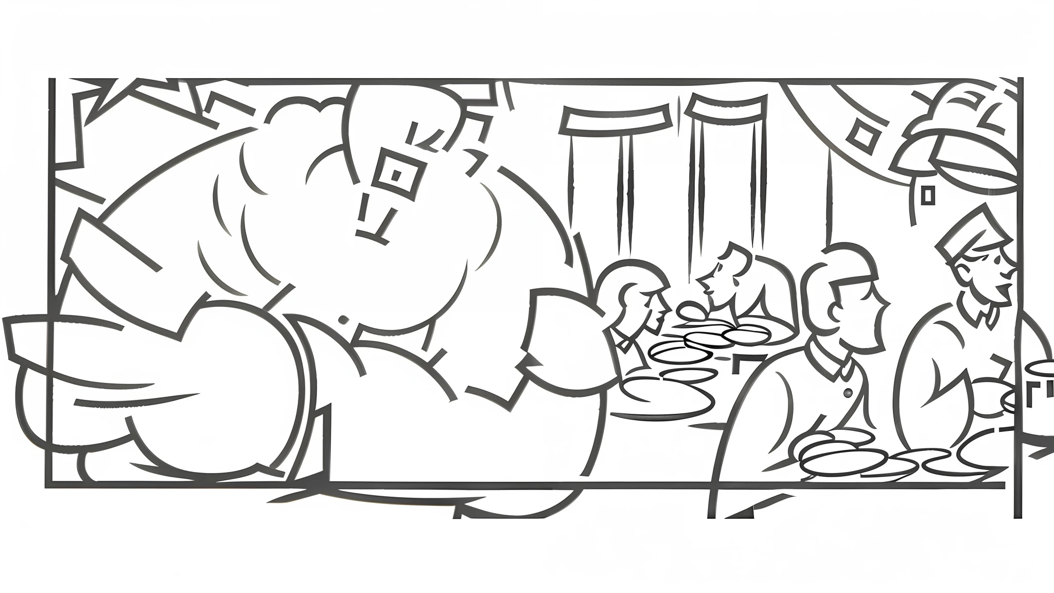 A group of soldiers are feasting on food in the palace, and whispering to each other from time to time