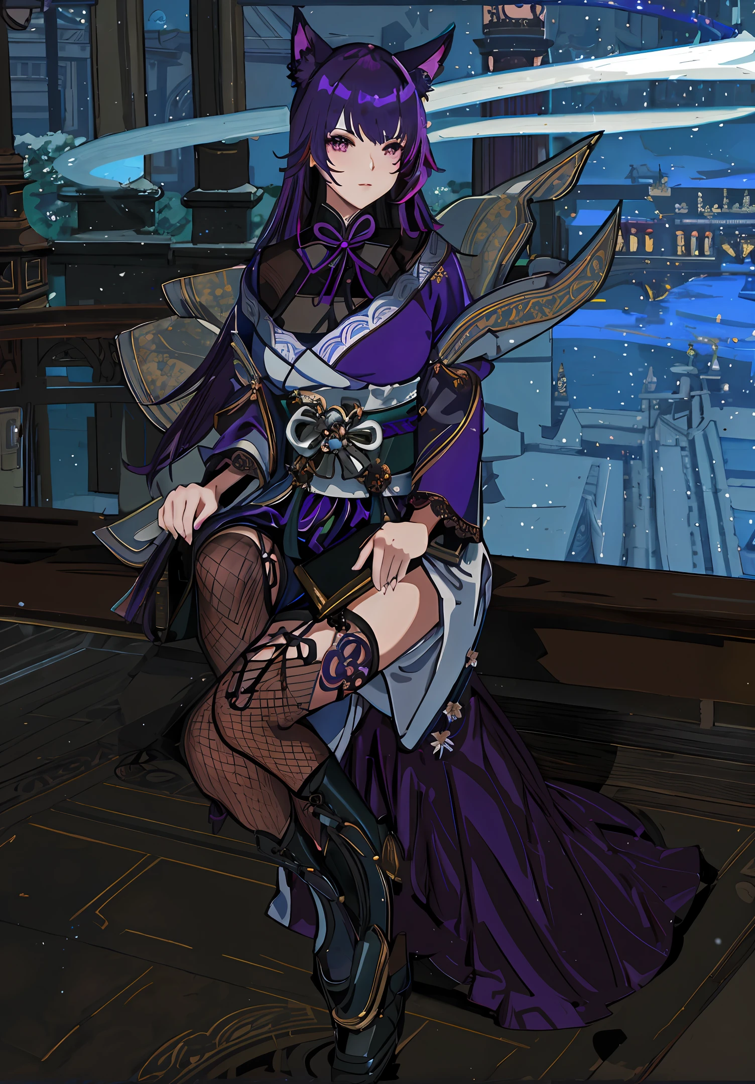 there is Raiden Mei sitting on a bench with legs crossed, alluring mesmer woman, ((wearing aristocrat robe)), sitting on a railing, lunar themed attire, final fantasy 14 style, fantasy outfit, perched on a railing, hi-res scan, long dark purple haired woman with fox ears and a fluffy tail, 1girl, noble pose