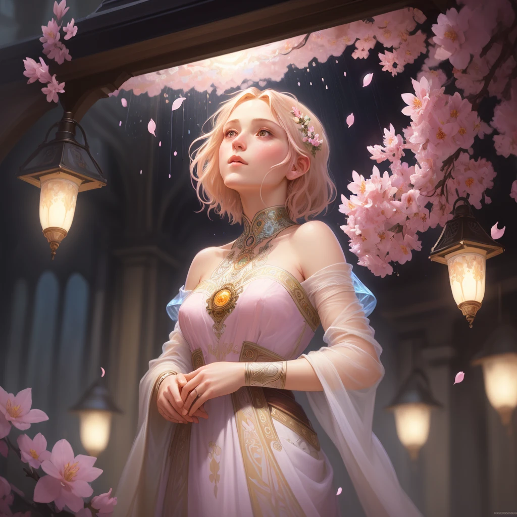 Thin caucasian woman alone, pink blonde short medium hair, raining under flower wall, looking up to sky, flower petals falling, fall in hair, ultra detailed painting, glowing, bar lighting, intricate 4k resolution concept art portrait made of Bioluminescent Fractal Isometric Details by Greg Rutkowski, Artgerm, WLOP, Alphonse Mucha: 30 Years of Stunning Photorealism