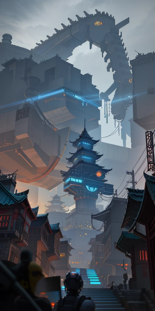 Cyberpunk mechanical Chinese style architecture